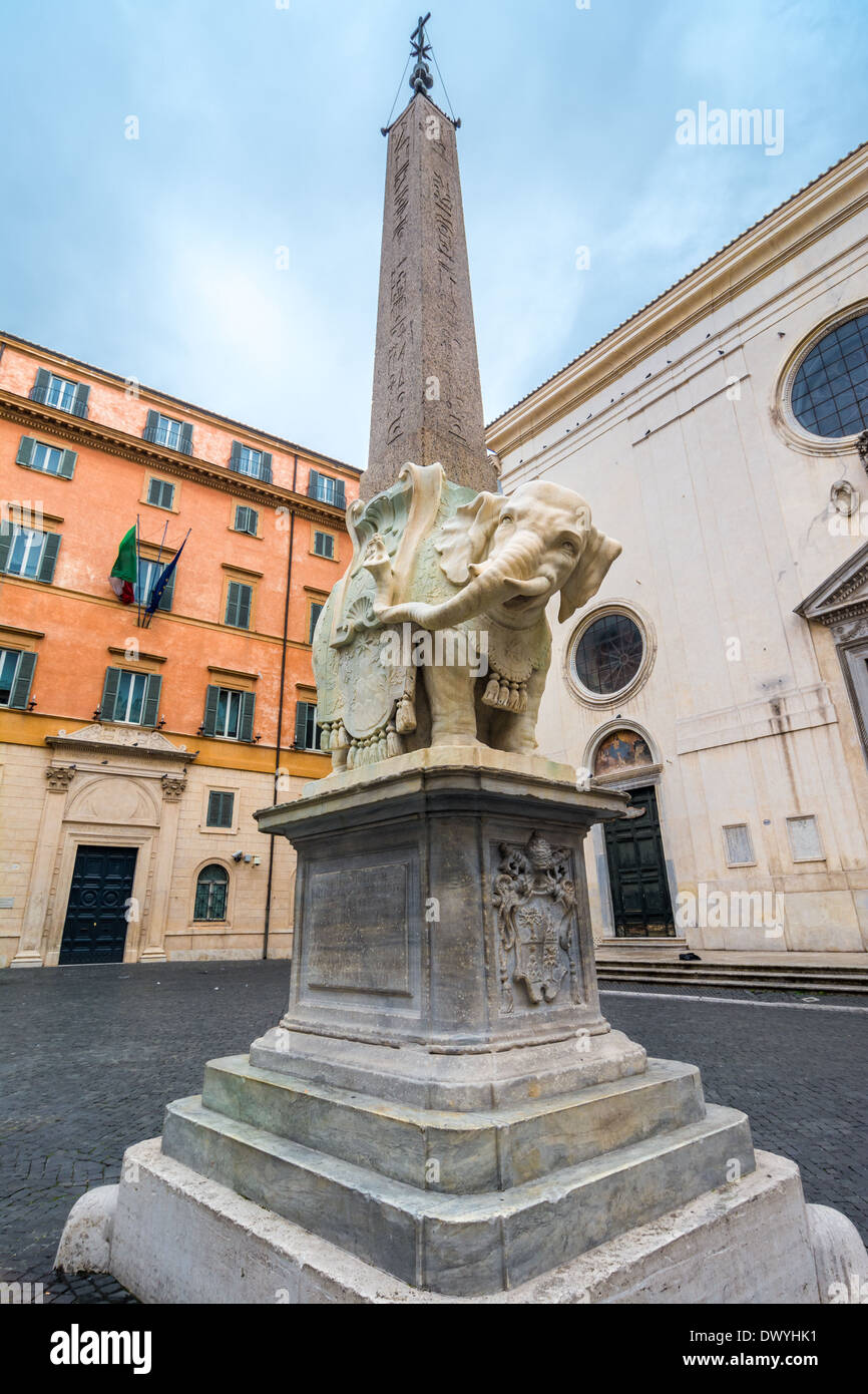 Elephant by Lorenzo Bernini with egyptian obelisk in front of church Santa Maria Minerva in centre of Rome - Italia Stock Photo