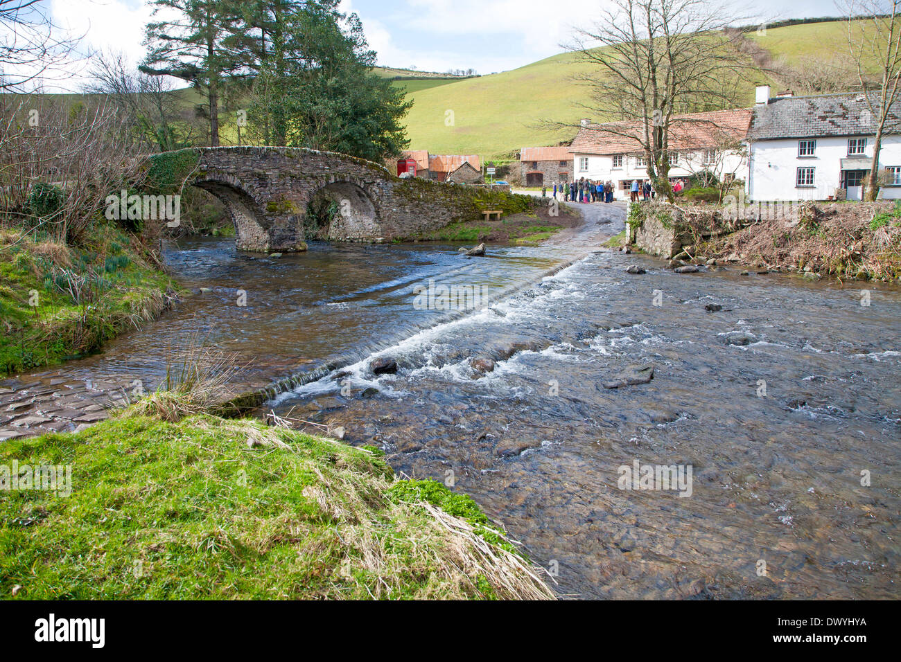 Bridge over Badgworthy Water river, Lorna Doone Farm, Malmsmead, Exmoor national park, Devon, England Stock Photo
