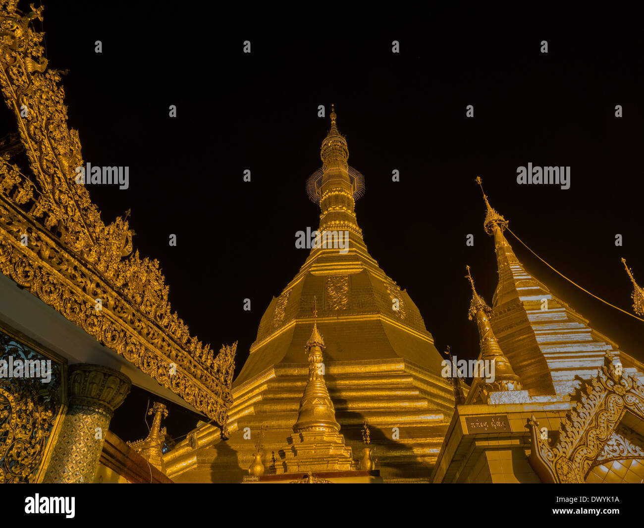Night Shot of Sule Pagoda in Yangon, Burma, Myanmar. Stock Photo