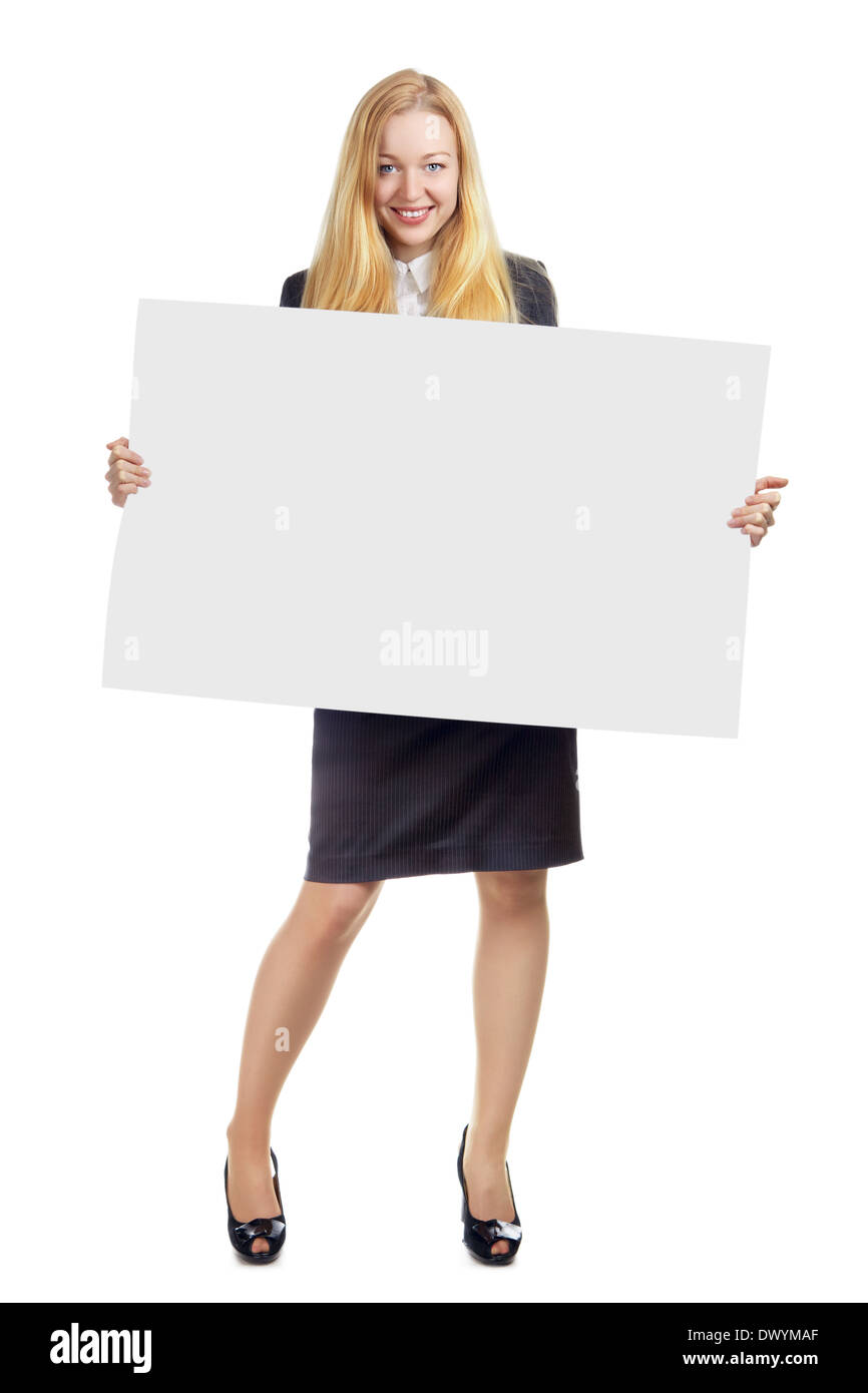 young business woman holding empty white board Stock Photo
