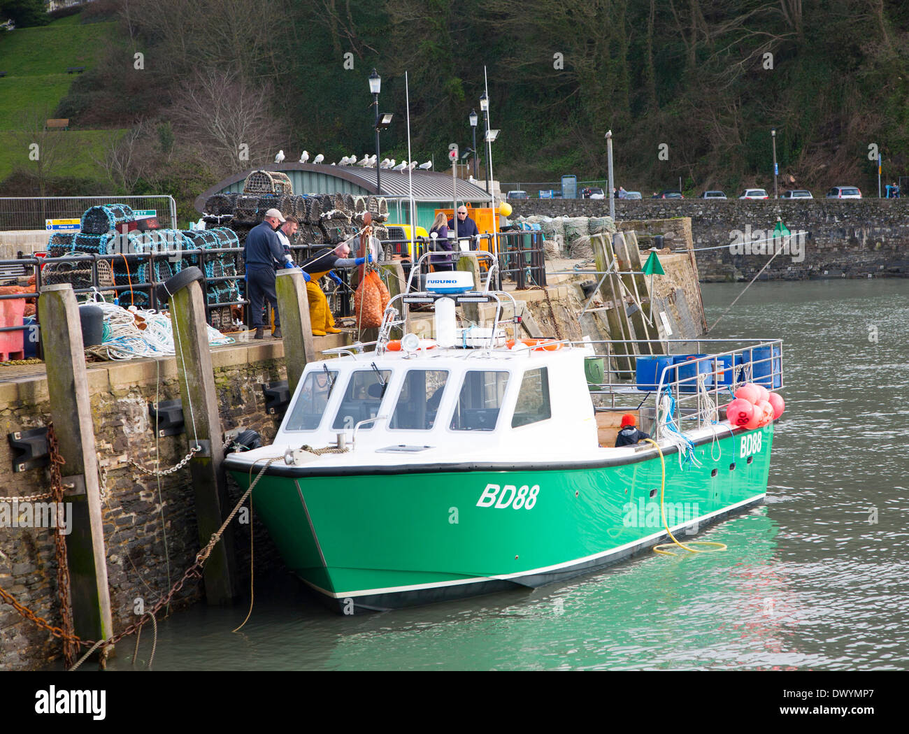 Unloading a catch of shellfish from a small fishing boat in the harbour