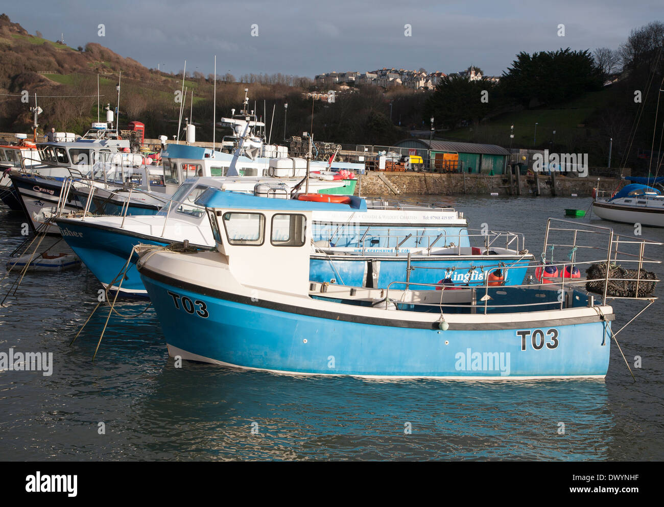 Small fishing boats in the harbour at north Devon, England