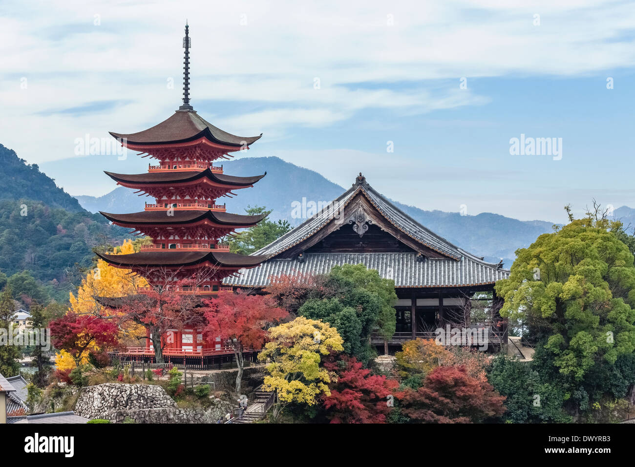 Five-Story Pagoda in Itsukushima Shrine, Hatsukaichi, Hiroshima Prefecture, Japan Stock Photo