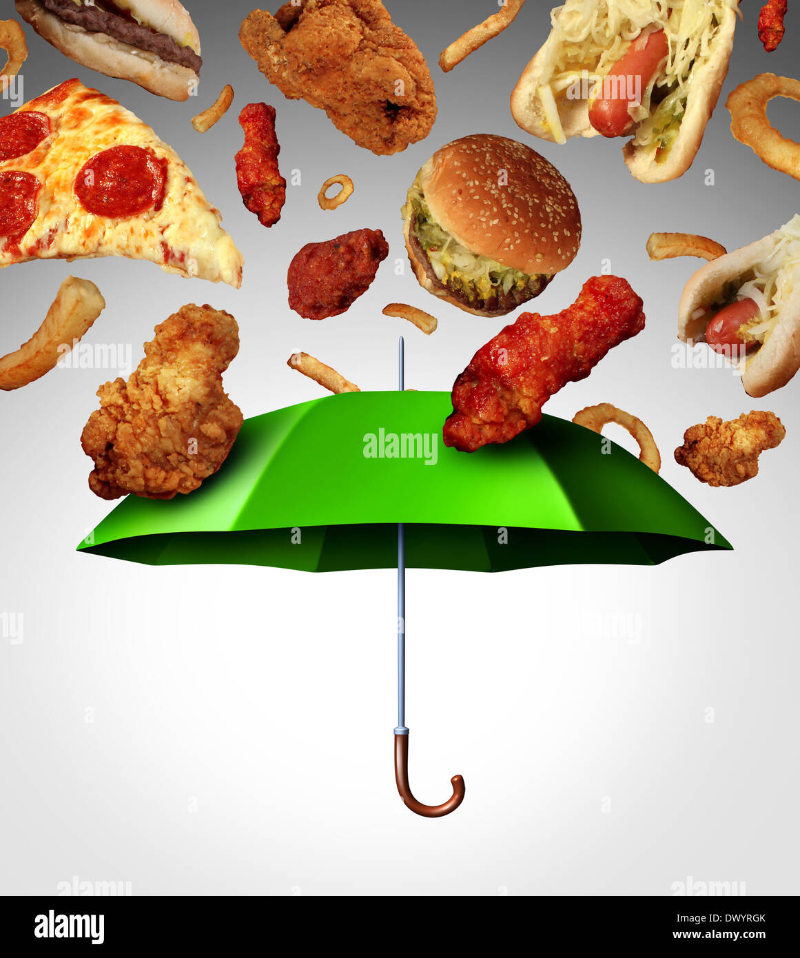 Bad diet protection food concept with a group of greasy fatty fast food ...