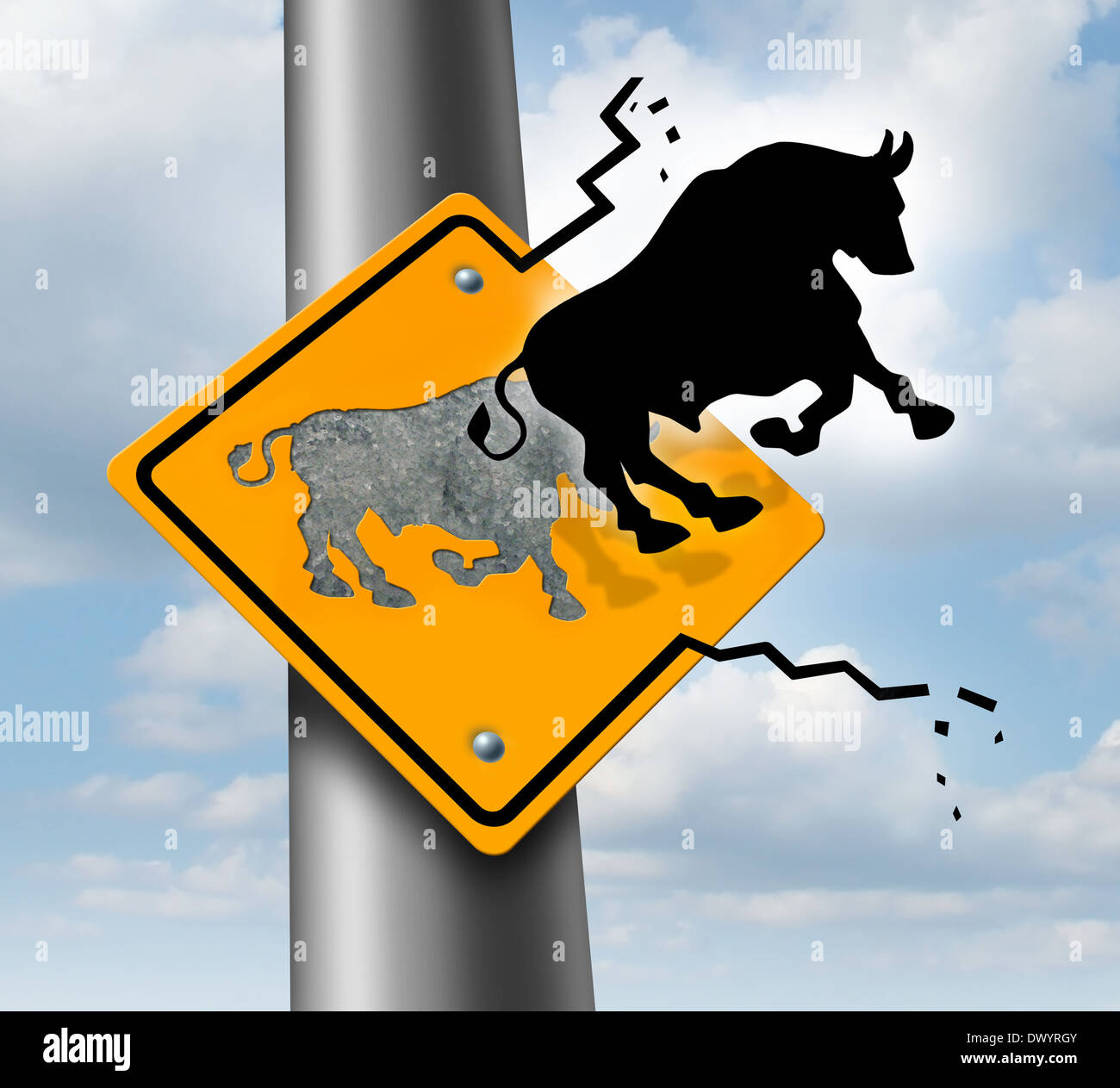 Bull market rise business and finance concept for wealth growth as a yellow traffic sign with a bull icon breaking out of the metal and escaping to higher levels of economic success and profitability. Stock Photo