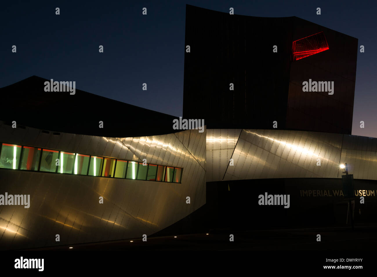 The Imperial War Museum North at night with the tower viewing platform ...