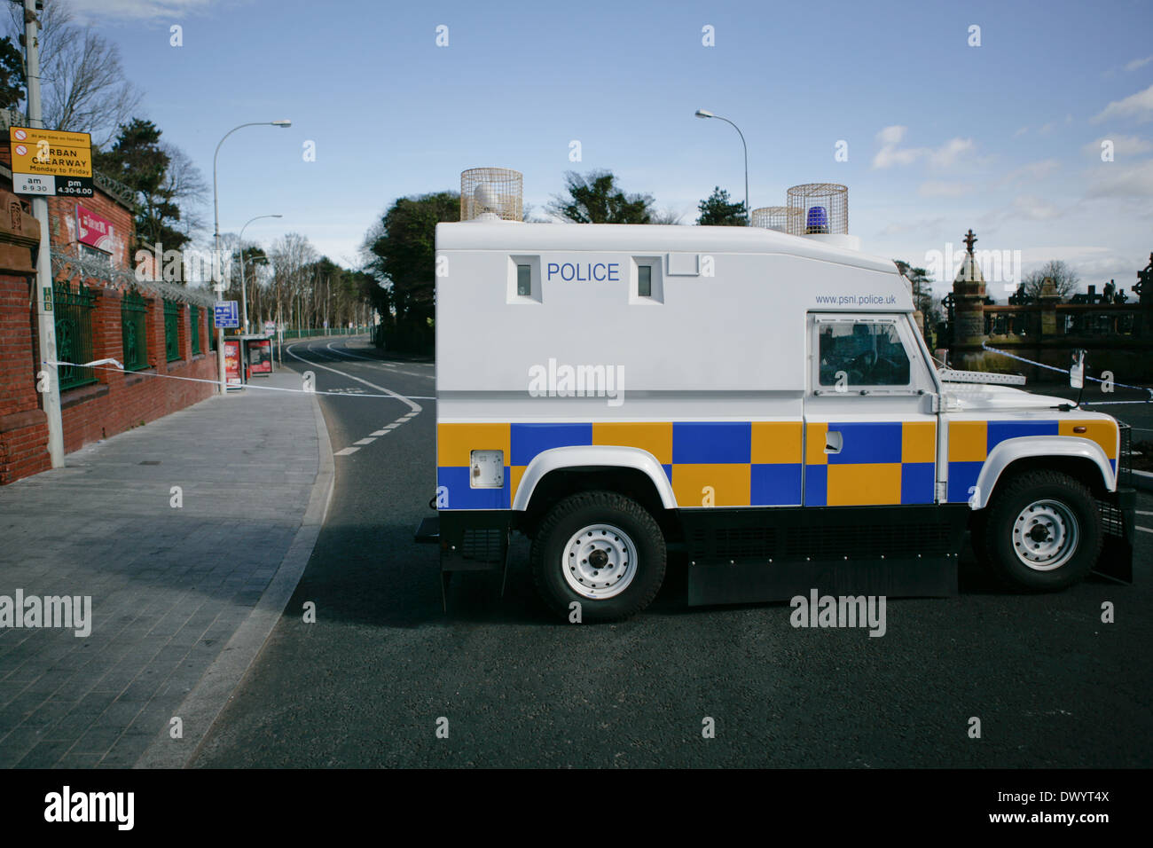 Falls Road, Belfast County Antrim, UK 15th March 2014. PSNI Landrover  blocks the Falls Rd which was closed due to Mortar Attack Stock Photo