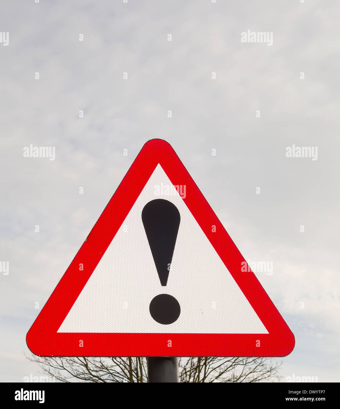 Road sign exclamation caution be aware of any danger Stock Photo