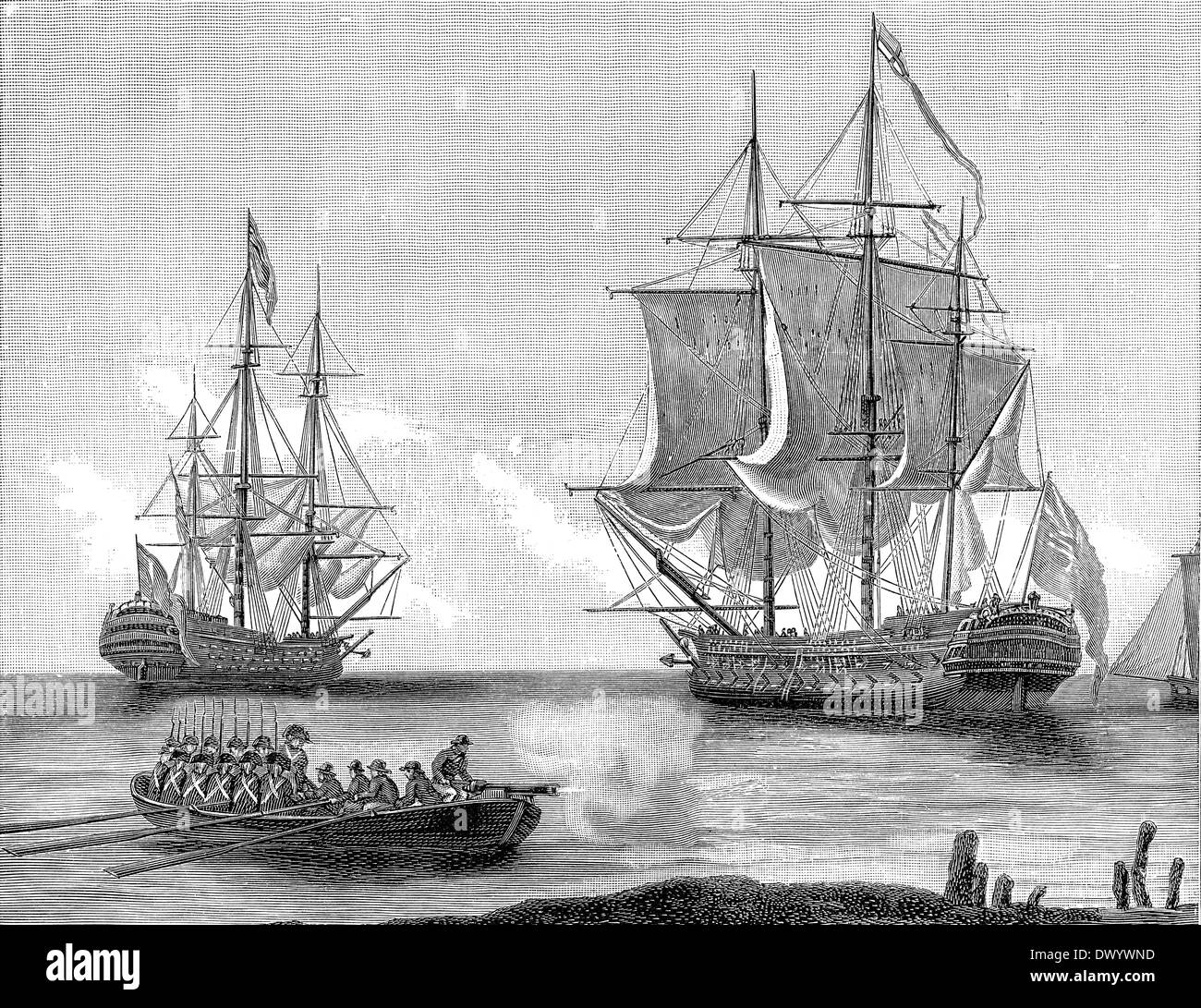 Historical illustration, Different types of English warships, early 19th Century, Stock Photo