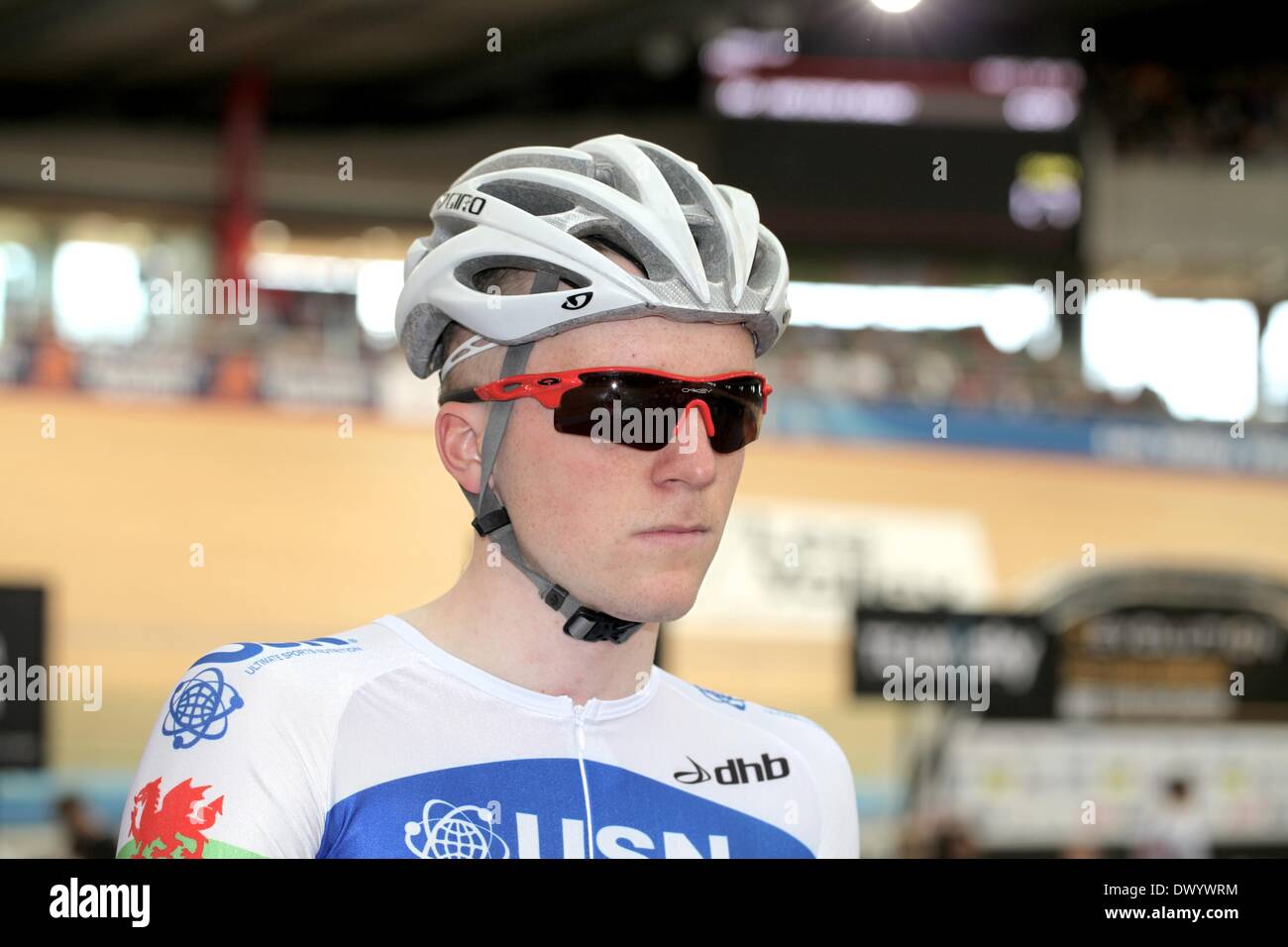 Lee Valley VeloPark, London, UK. 15th March 2014. Revolution Series Track Cycling Round 5, day 2. Owen James of Team USN Credit:  Neville Styles/Alamy Live News Stock Photo