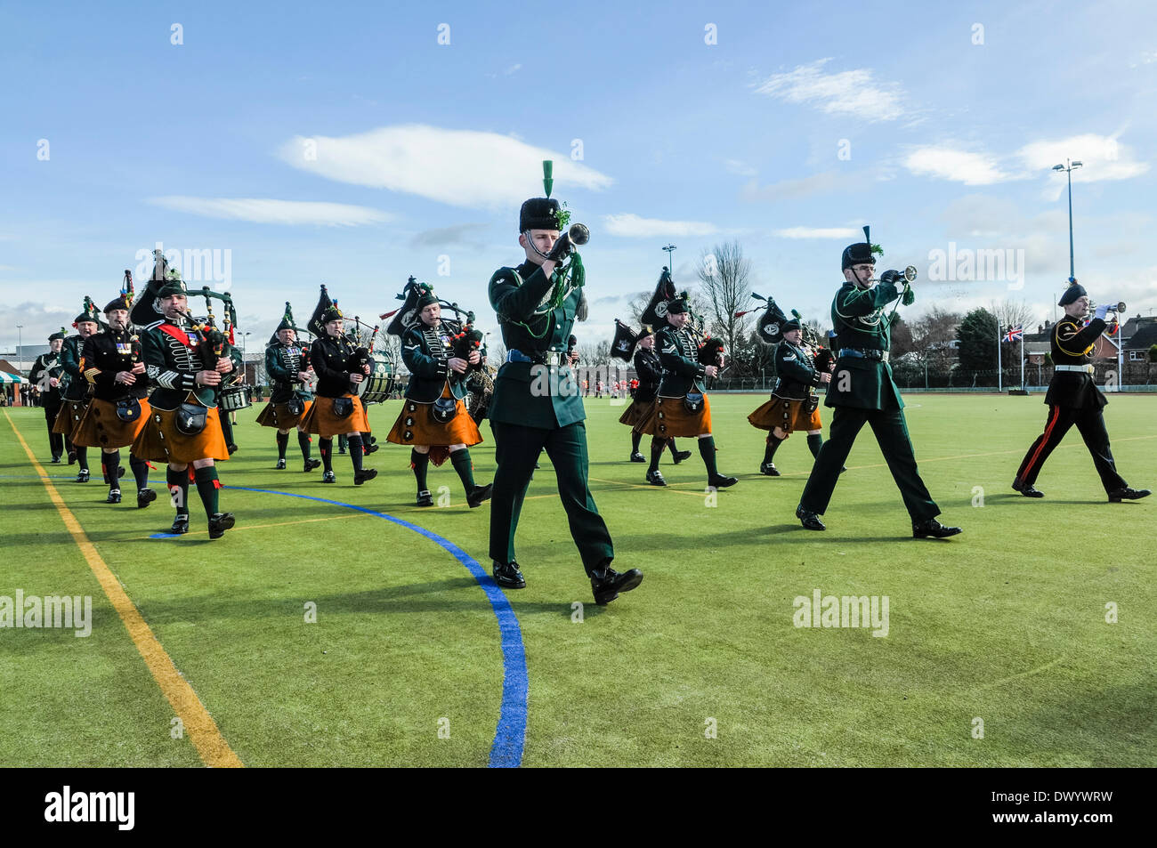 Lisburn, Northern Ireland. 15 Mar 2014 - The band of the Royal Irish Regiment march at the Shamrock Presentation and Drumhead Service in Thiepval Barracks. Credit:  Stephen Barnes/Alamy Live News Stock Photo