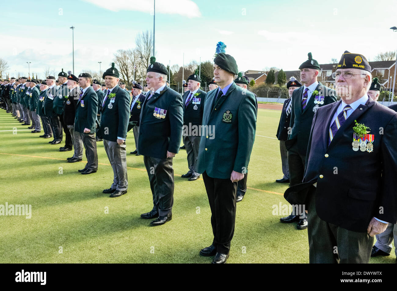 Lisburn, Northern Ireland. 15 Mar 2014 - Old Comrades from the 2nd Batallion Royal Irish Regiment on parade at the Shamrock Presentation and Drumhead Service in Thiepval Barracks. Credit:  Stephen Barnes/Alamy Live News Stock Photo