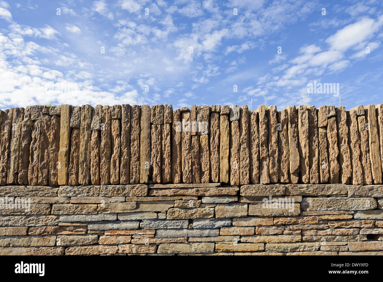 A new stone wall built with Caithness flagstones, Scotland Stock Photo