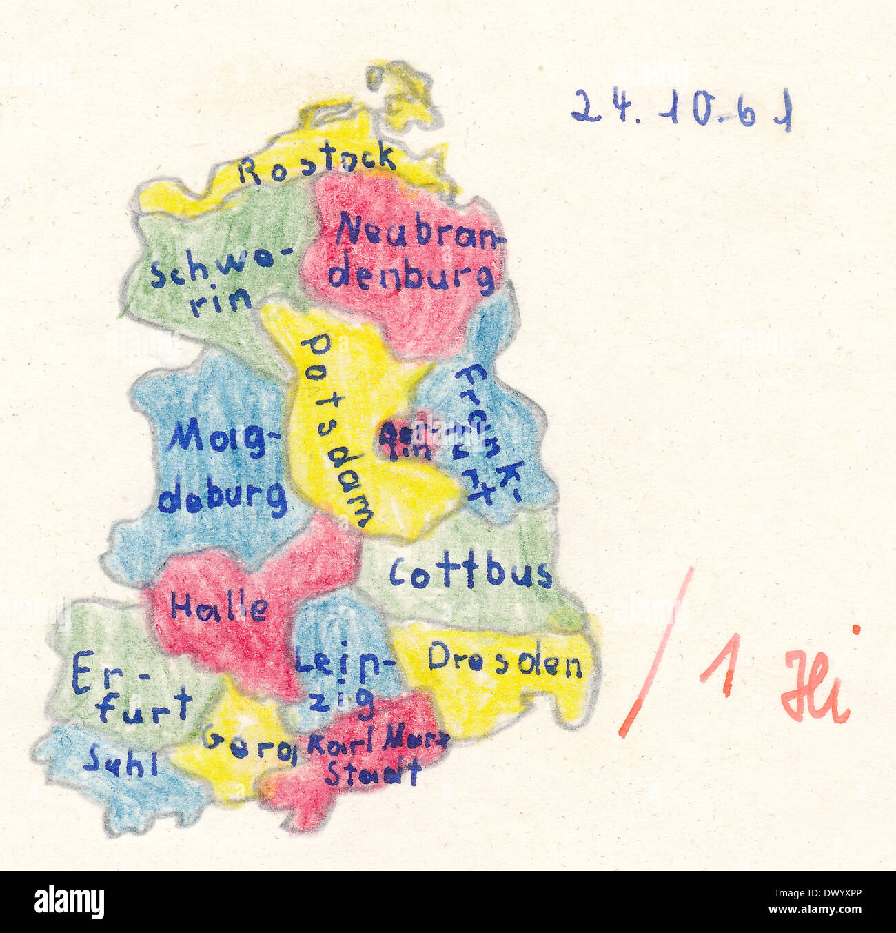 Homework for school, historical map of East Germany with main cities, GDR, 1961, Stock Photo