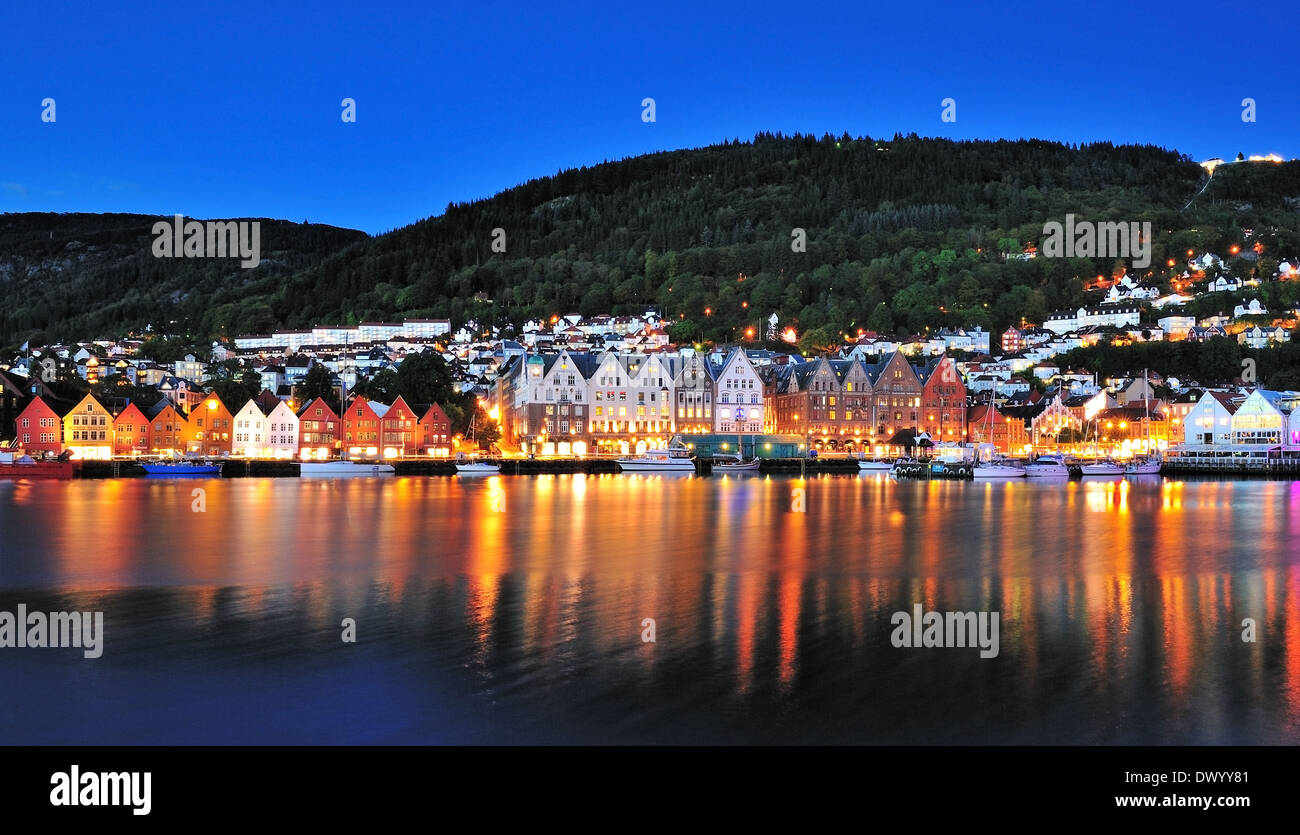 Bergen night scene panorama with light reflection taken at blue hour, Hordaland Norway. Stock Photo