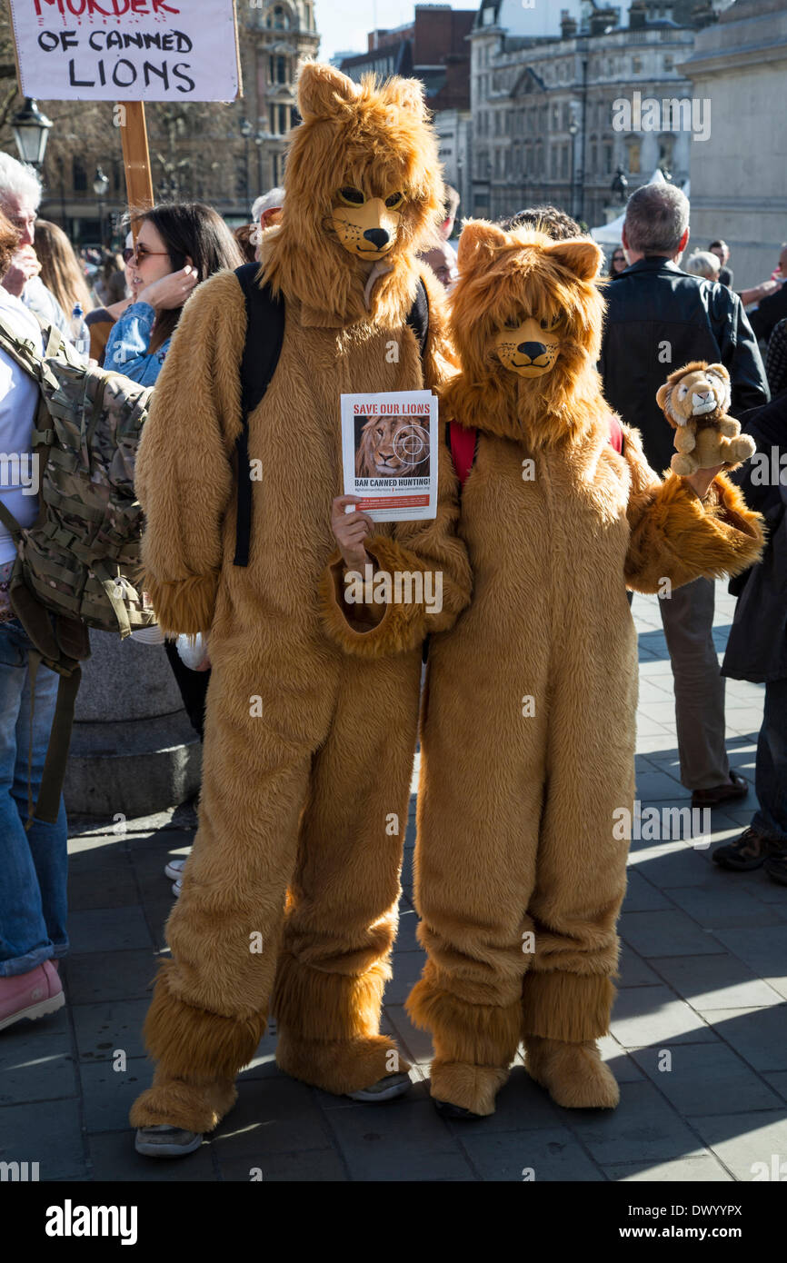 Trafalgar Square, London, UK, 15th March 2014. Global March For Lions, a mass protest in major cities worldwide against the organised canned hunting of lions. Credit:  Colin Hutchings/Alamy Live News Stock Photo