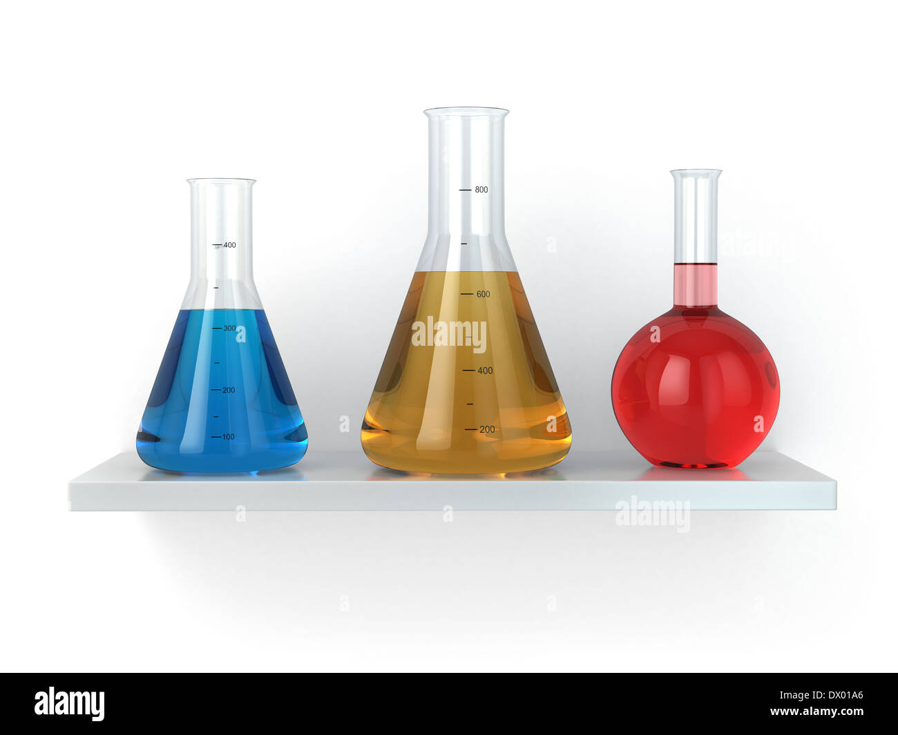 Chemical flasks on the shelf. Reagent in lab, 3d Stock Photo Alamy
