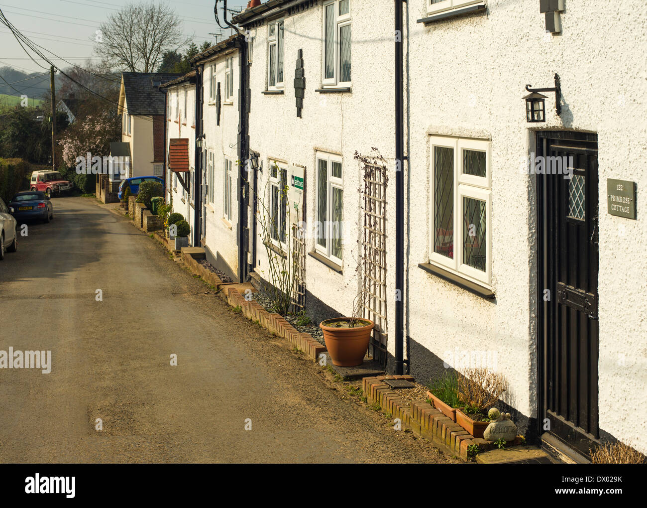 Row of cottages in Trowley Hill Road, between Flamstead and Trowley Bottom, Hertfordshire, England, UK. Stock Photo