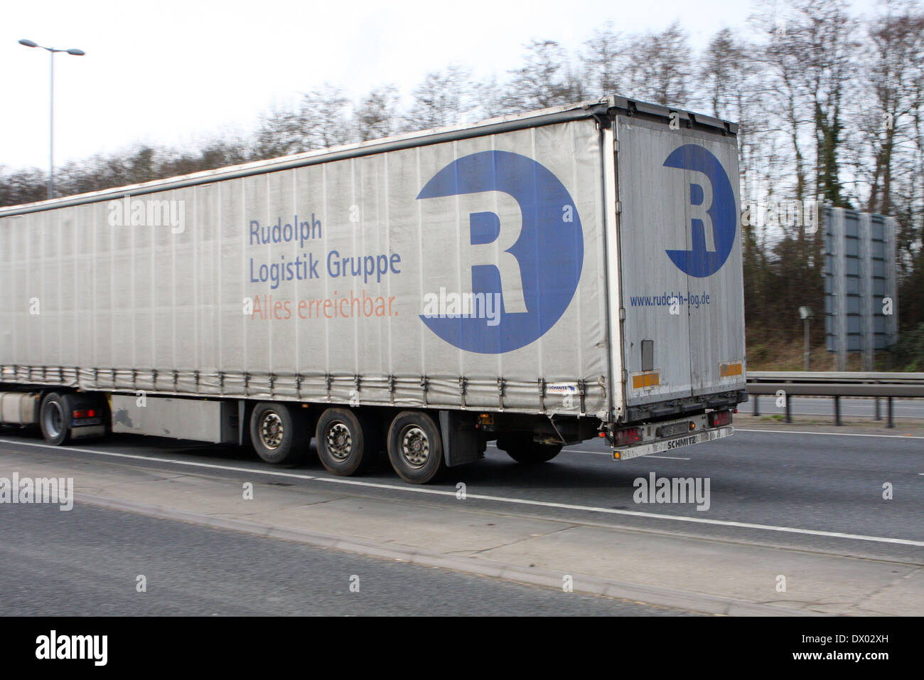 Part of an articulated truck traveling along the A12 in Essex, England Stock Photo