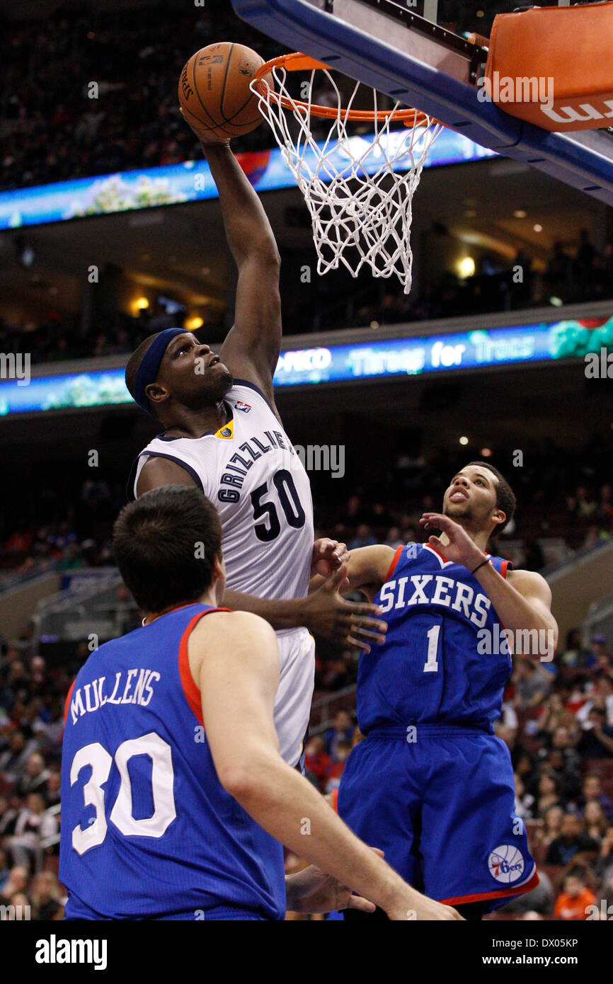 March 15, 2014: Memphis Grizzlies forward Zach Randolph (50) goes up for the shot as he splits between Philadelphia 76ers guard Michael Carter-Williams (1) and center Byron Mullens (30) during the NBA game between the Memphis Grizzlies and the Philadelphia 76ers at the Wells Fargo Center in Philadelphia, Pennsylvania. The Memphis Grizzlies won 103-77. Christopher Szagola/Cal Sport Media Stock Photo