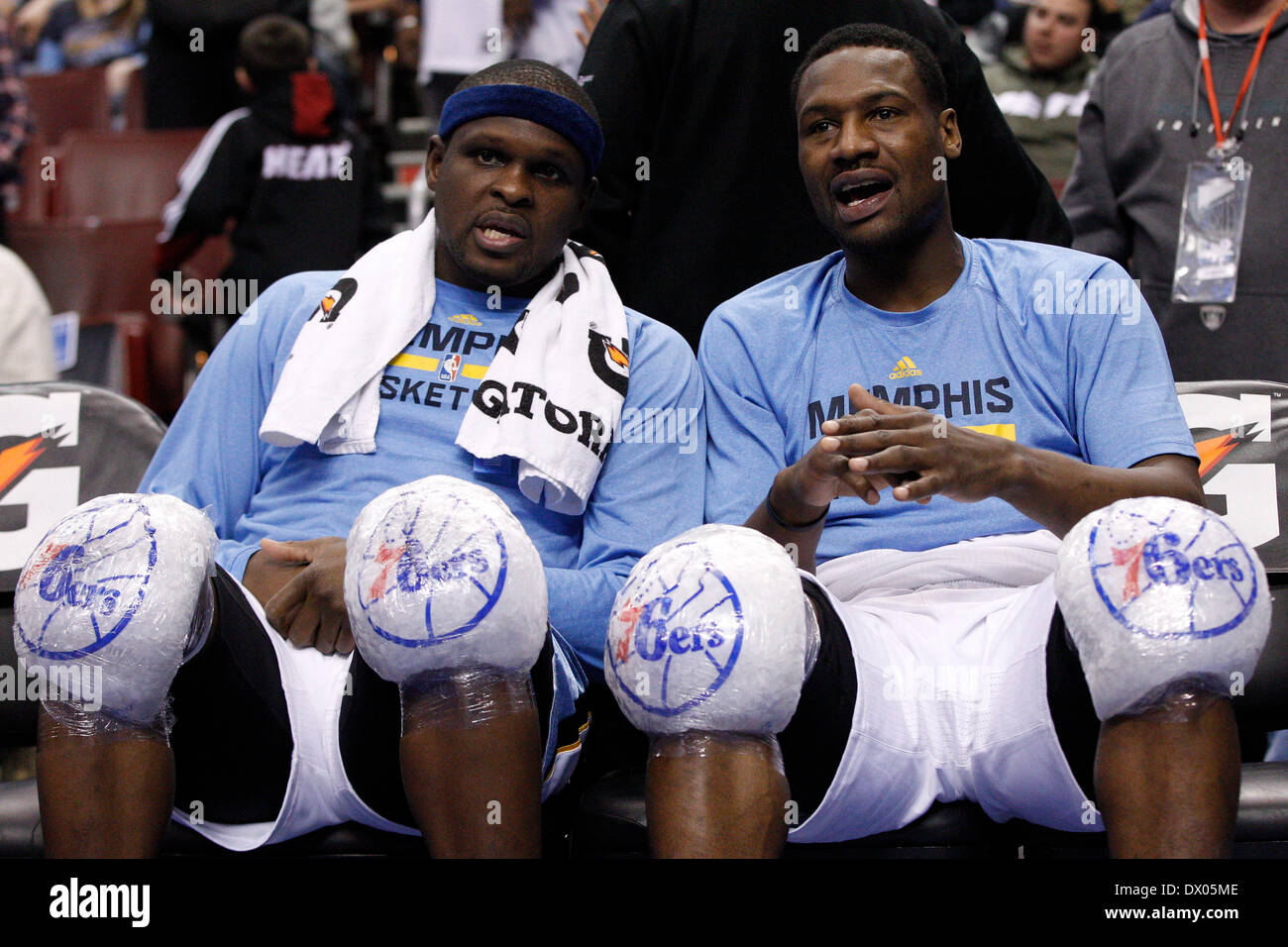 March 15, 2014: Memphis Grizzlies forward Zach Randolph (50) looks on from the bench with guard Tony Allen (9) with 76ers Ice Bags on their knees during the NBA game between the Memphis Grizzlies and the Philadelphia 76ers at the Wells Fargo Center in Philadelphia, Pennsylvania. The Memphis Grizzlies won 103-77. Christopher Szagola/Cal Sport Media Stock Photo