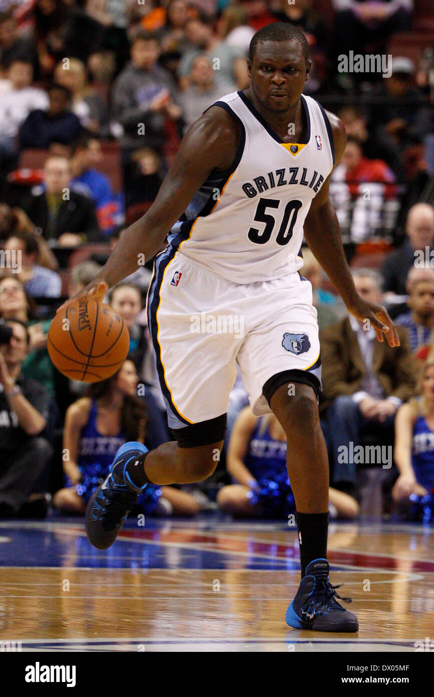 March 15, 2014: Memphis Grizzlies forward Zach Randolph (50) brings the ball up the court during the NBA game between the Memphis Grizzlies and the Philadelphia 76ers at the Wells Fargo Center in Philadelphia, Pennsylvania. The Memphis Grizzlies won 103-77. Christopher Szagola/Cal Sport Media Stock Photo