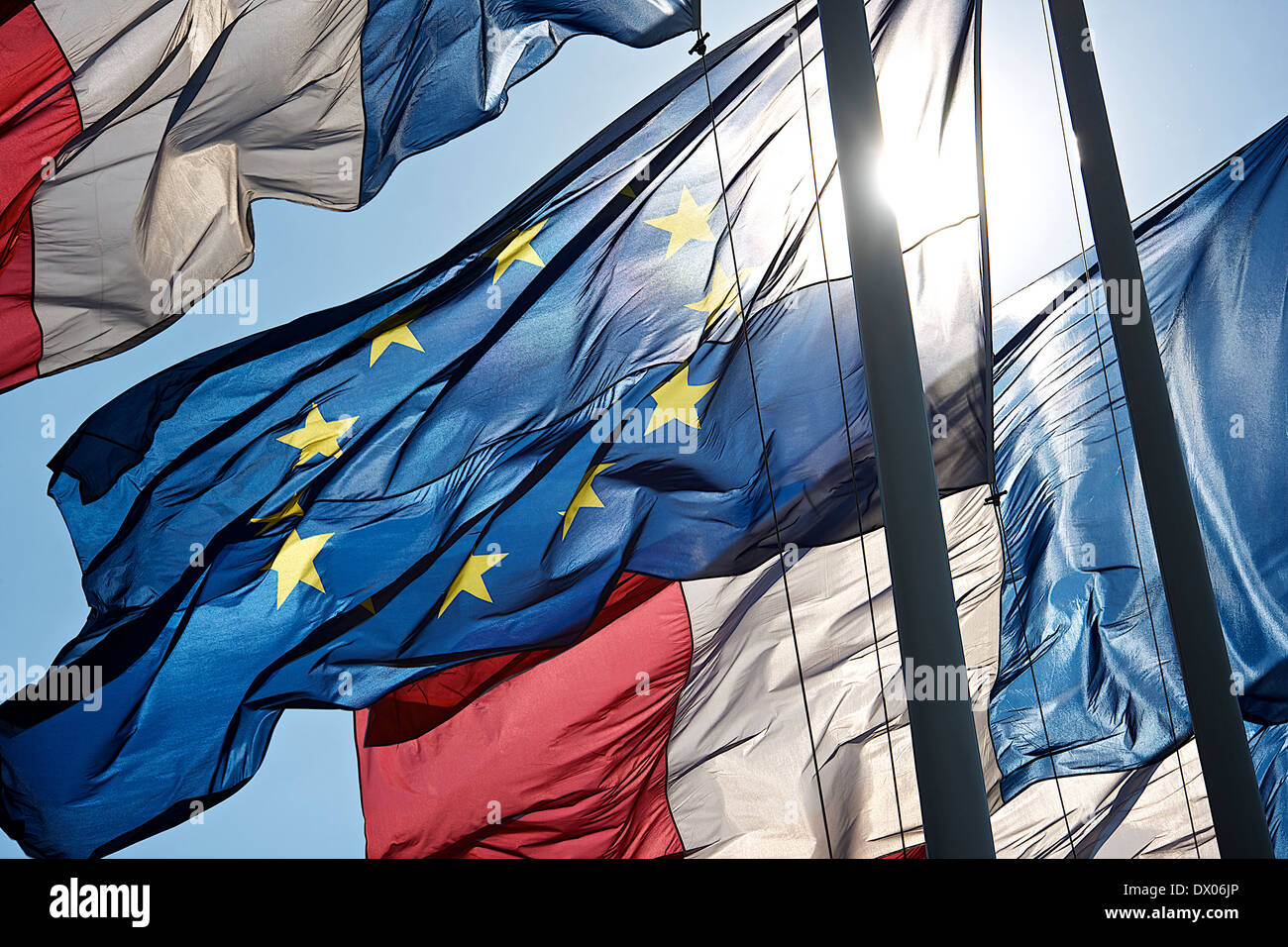 French national flag and EU flag Stock Photo