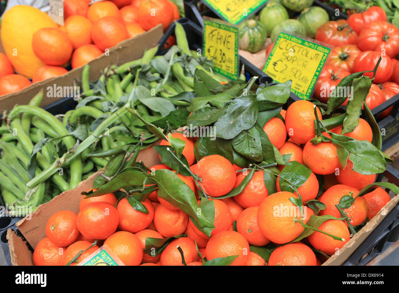 Fresh fruit and vegetables on sale with Euro prices. Stock Photo