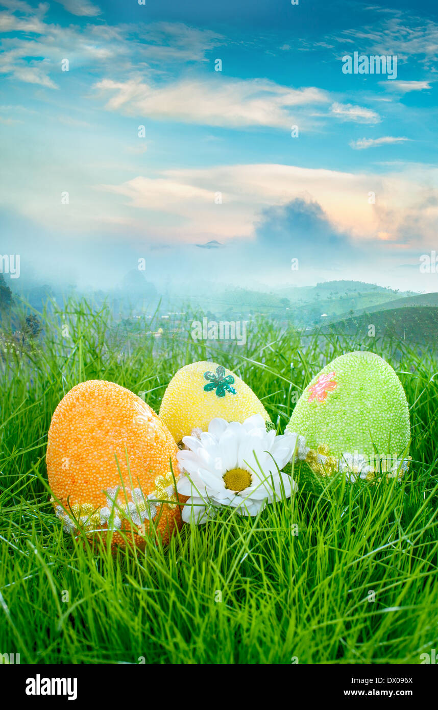 Decorated easter eggs in the grass on blue sky background Stock Photo ...
