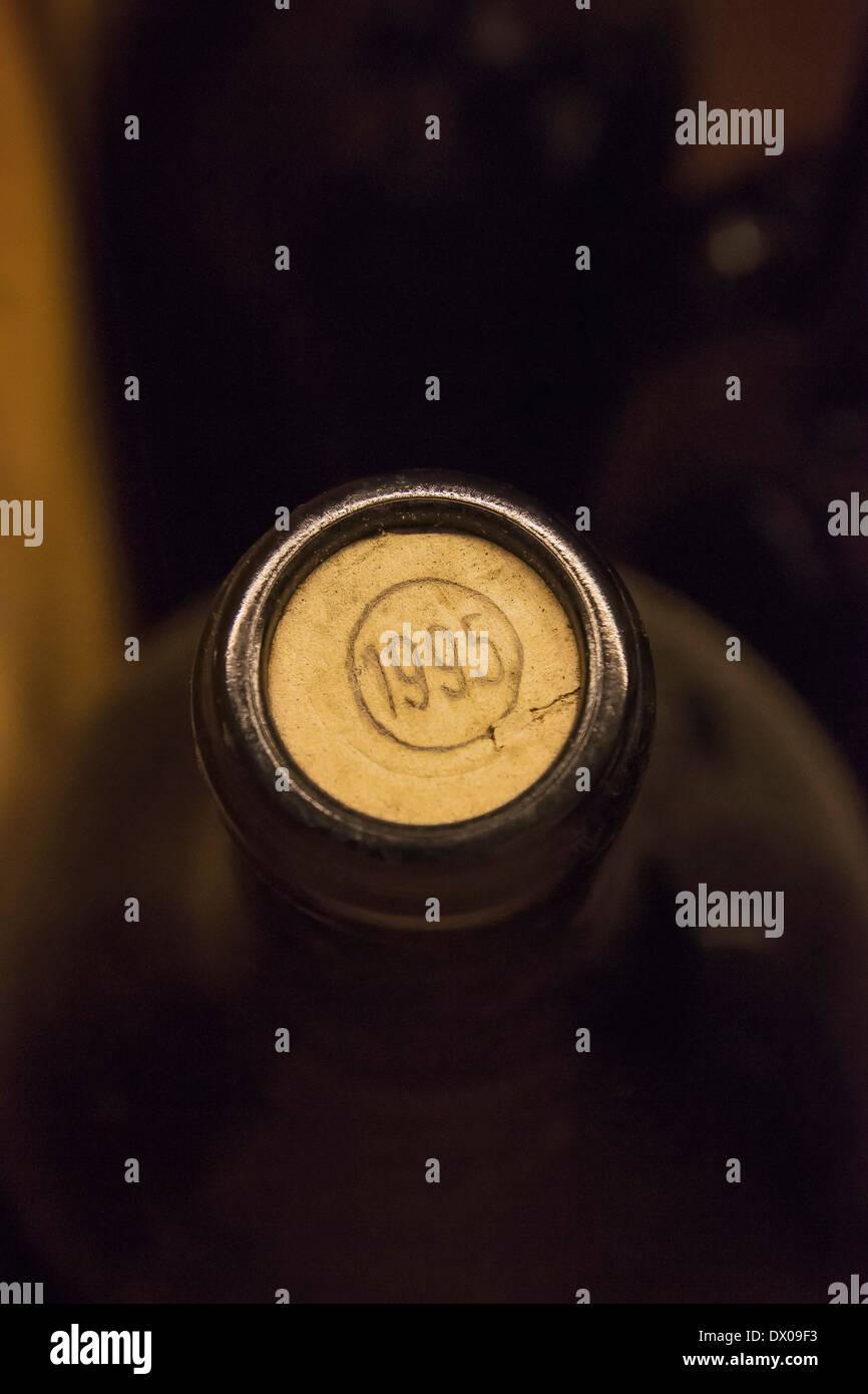 Close up view of cork on wine bottle Stock Photo