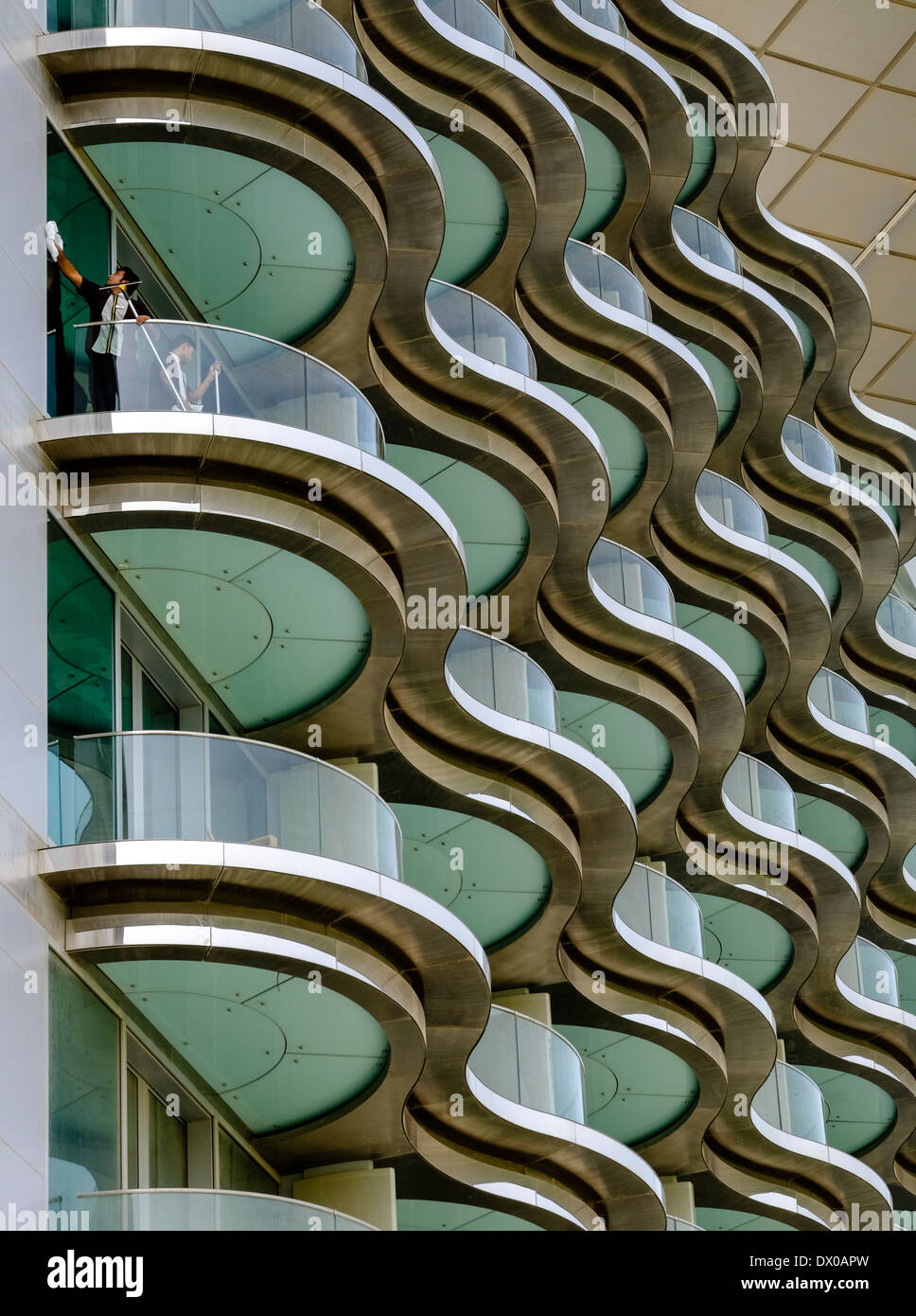 Modern architecture of hotel room balconies at Meydan Hotel in Dubai United Arab Emirates Stock Photo