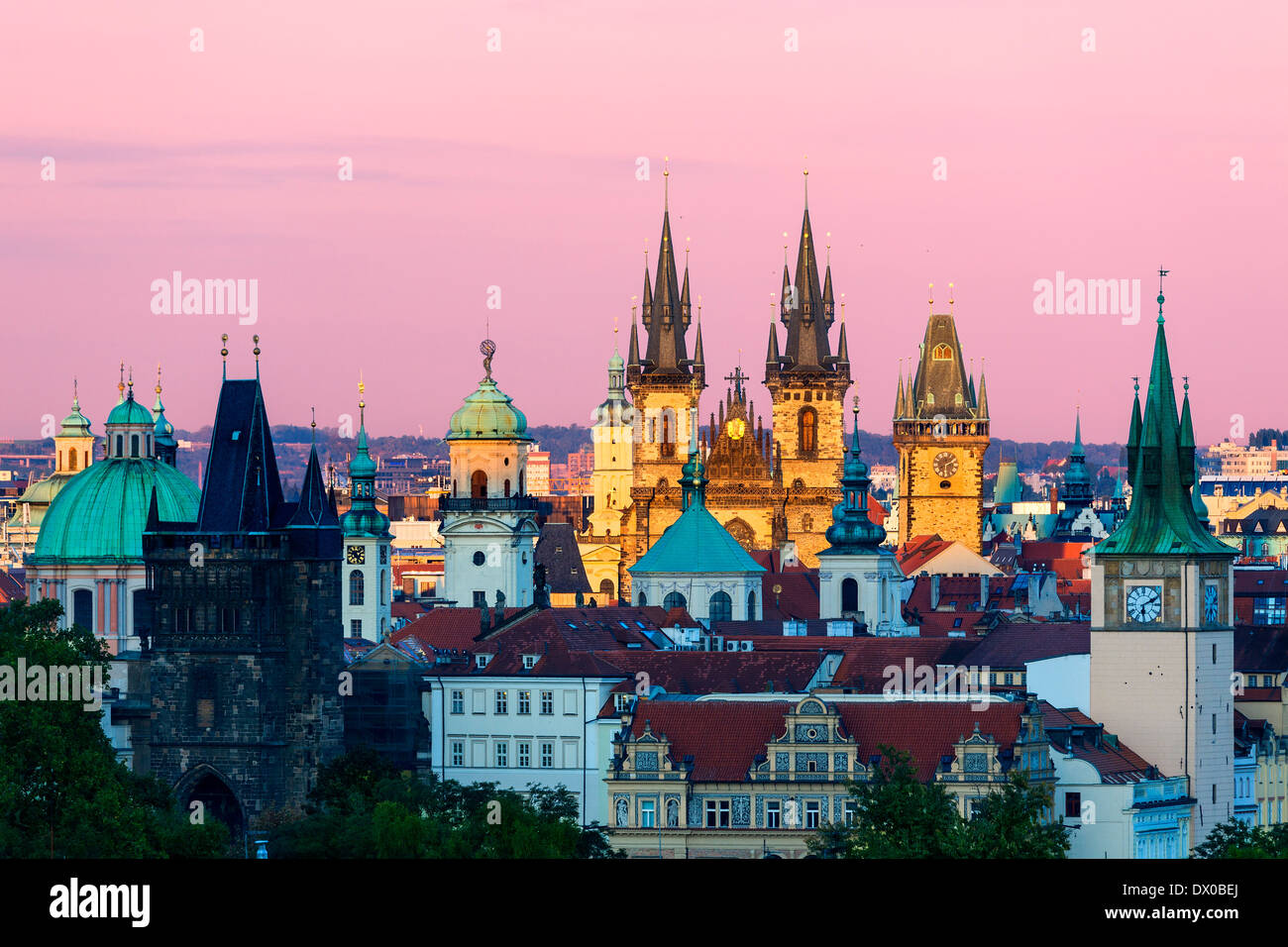 Czech Republic, Skyline of Prague at Dusk Stock Photo