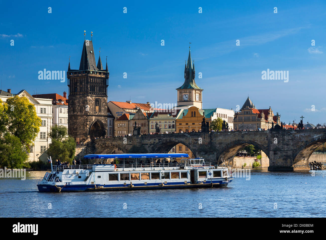 Prague, River boats on Vlatava river Stock Photo