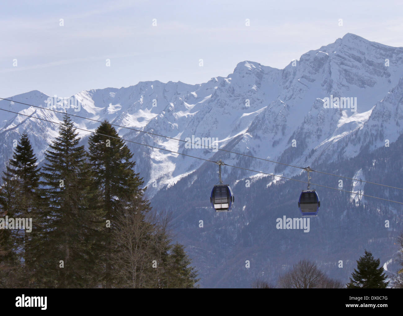 cable car cabins over Caucasian mountains Stock Photo