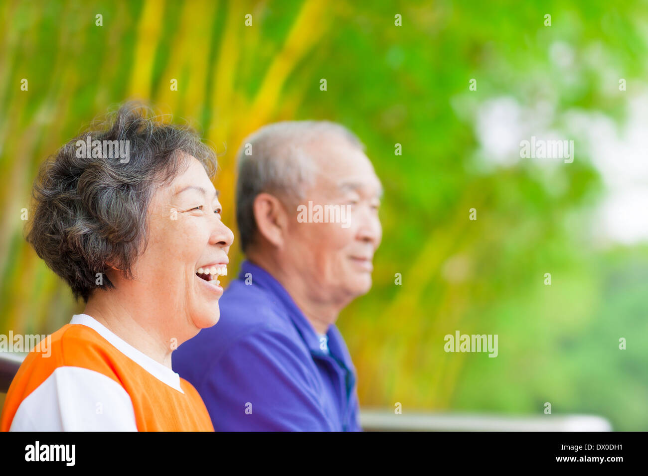 happy asian seniors couples in the park Stock Photo