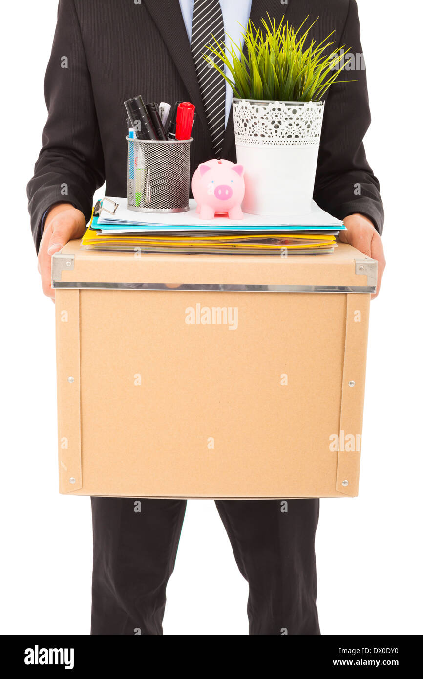fired businessman carrying a box in studio Stock Photo