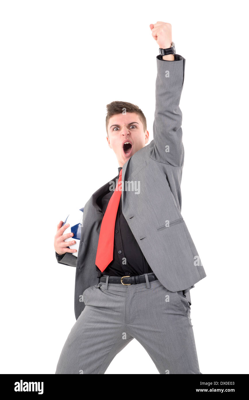 Happy businessman celebrating a goal isolated in white Stock Photo - Alamy