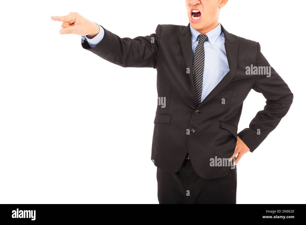 An angry boss firing a man and carrying belongings over white Stock Photo