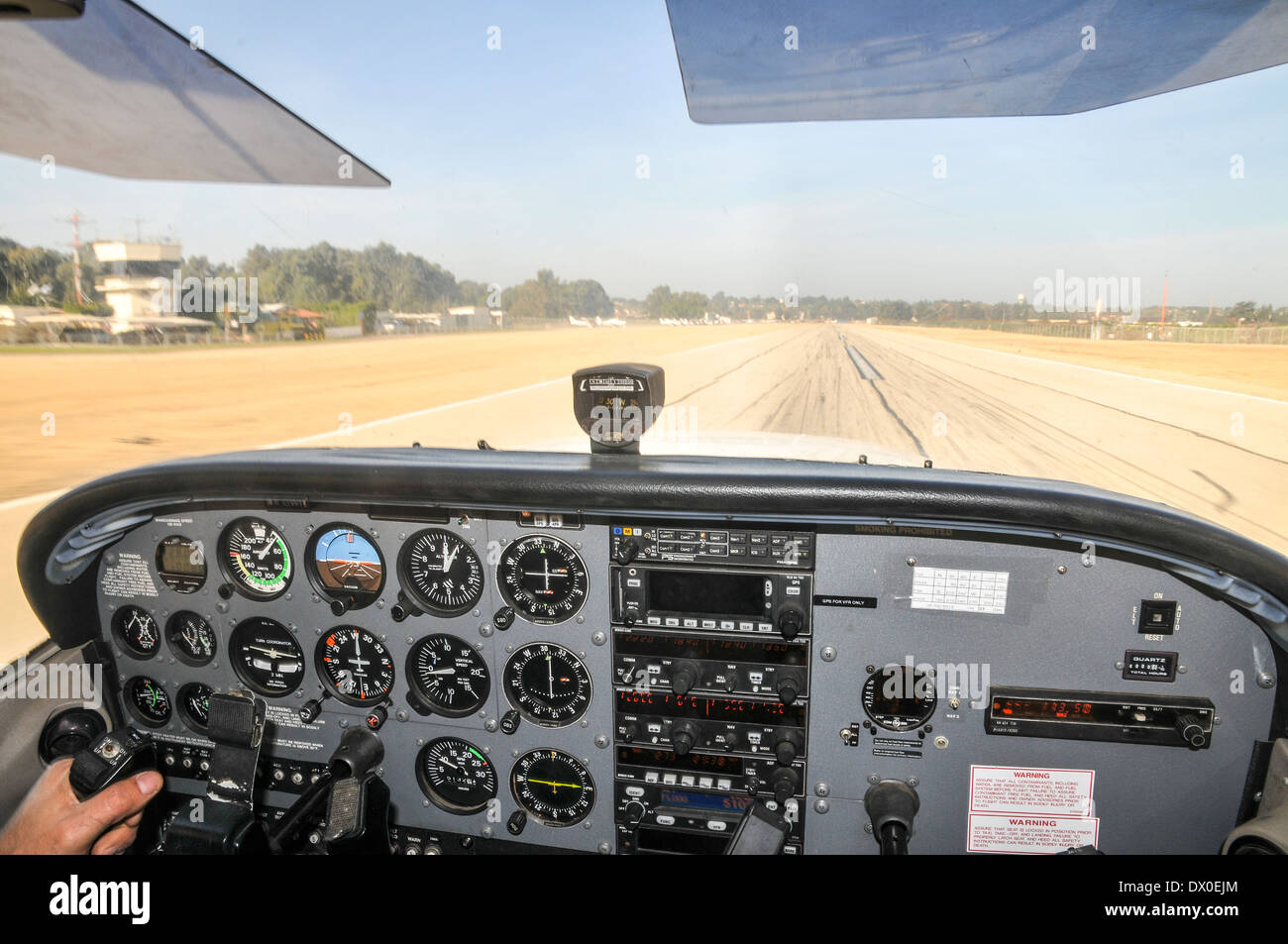 Cessna Skyhawk taxing to takeoff. Photographed from within the cockpit  Stock Photo