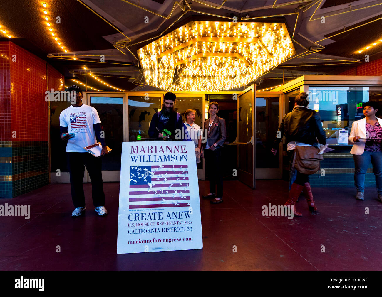 Los Angeles, California, USA. 15th Mar, 2014. Marianne Williamson for Congress volunteers wait outside the Crest Theatre for the start of a campaign talk by the best-selling author, who is running to replace retiring Congressman Henry Waxman in California District 33. Credit:  Brian Cahn/ZUMAPRESS.com/Alamy Live News Stock Photo