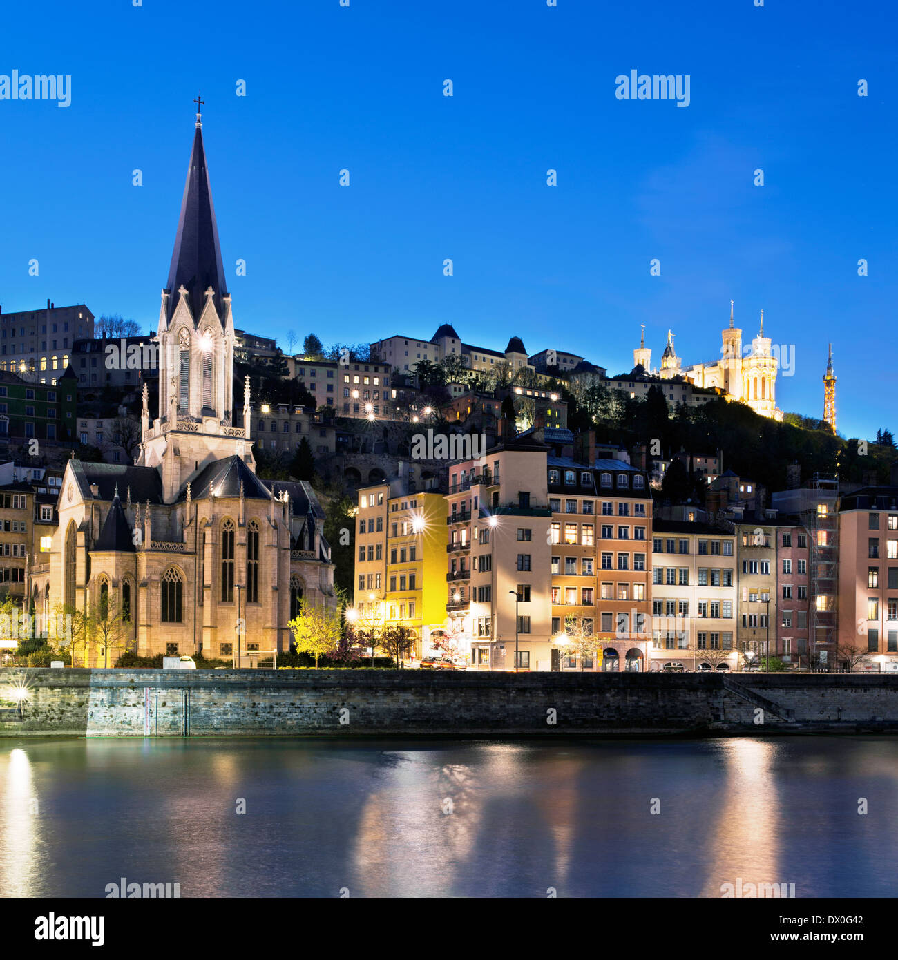 Famous view of Lyon at night Stock Photo