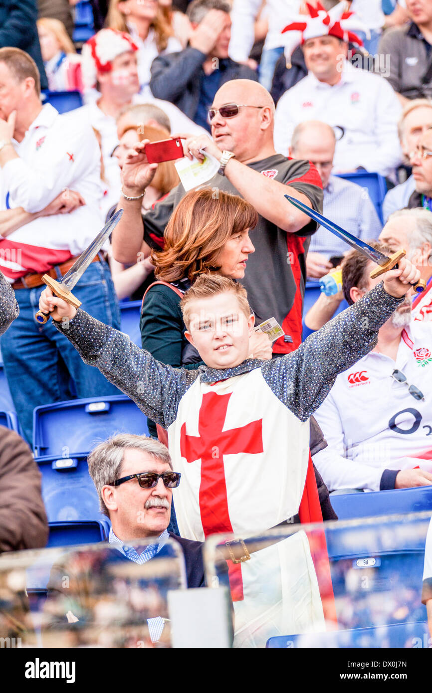 Italy v England. RBS 6 Nations rugby. , Rome, Italy, 3/15/14. England beat Italy by 52 points to 11 at the Stadio Olimpico. Young England fan dressed as Knight Templar. Stock Photo