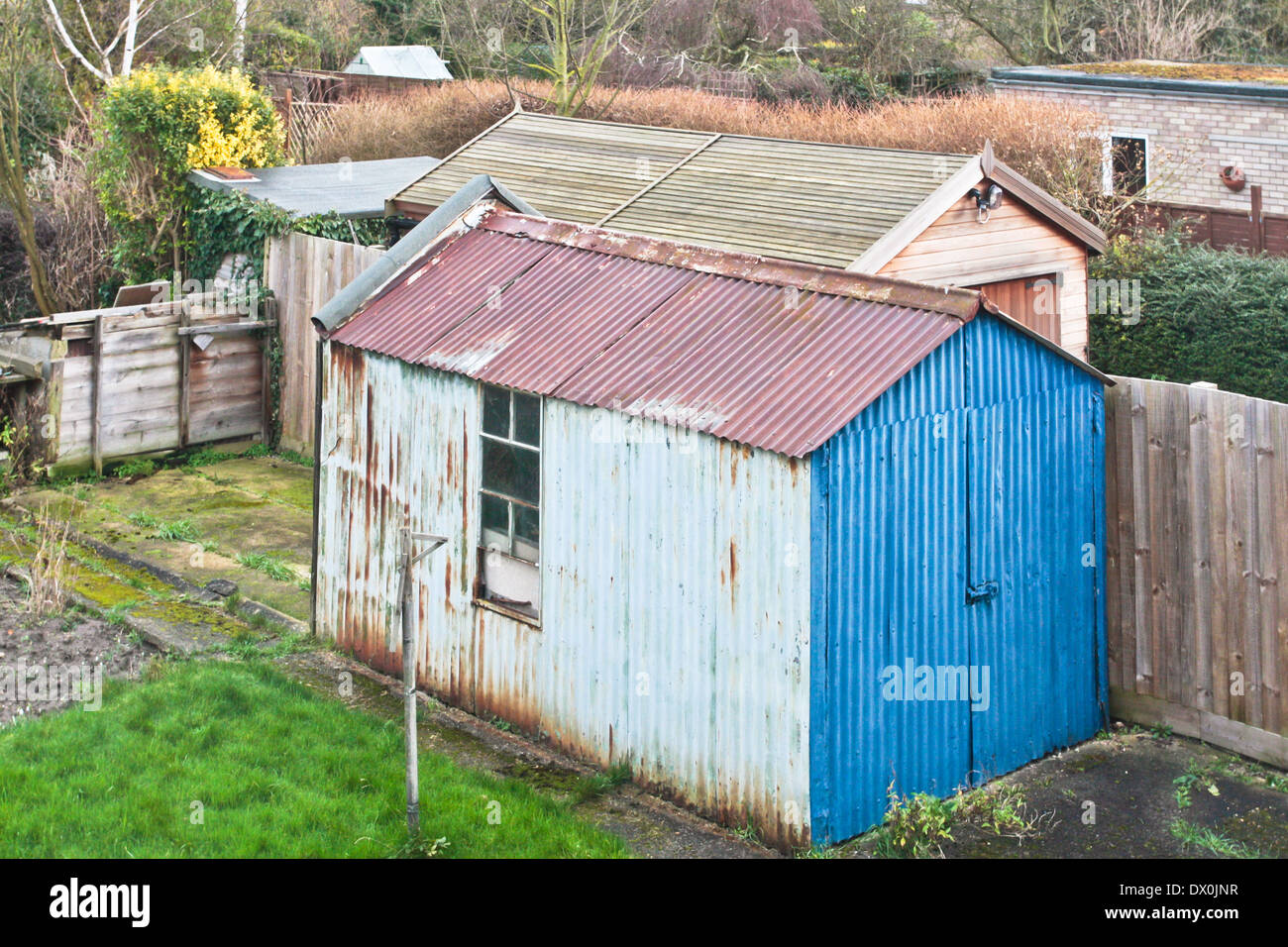 A rusty metal garden shed in an english home Stock Photo Alamy