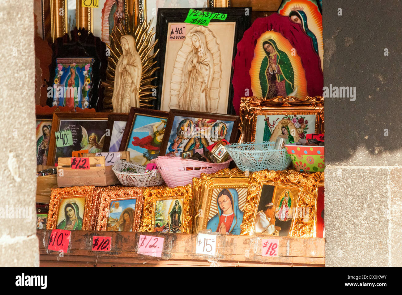Religious souvenirs for sale in the Basilica of our Lady of Guadalupe in Mexico City Stock Photo