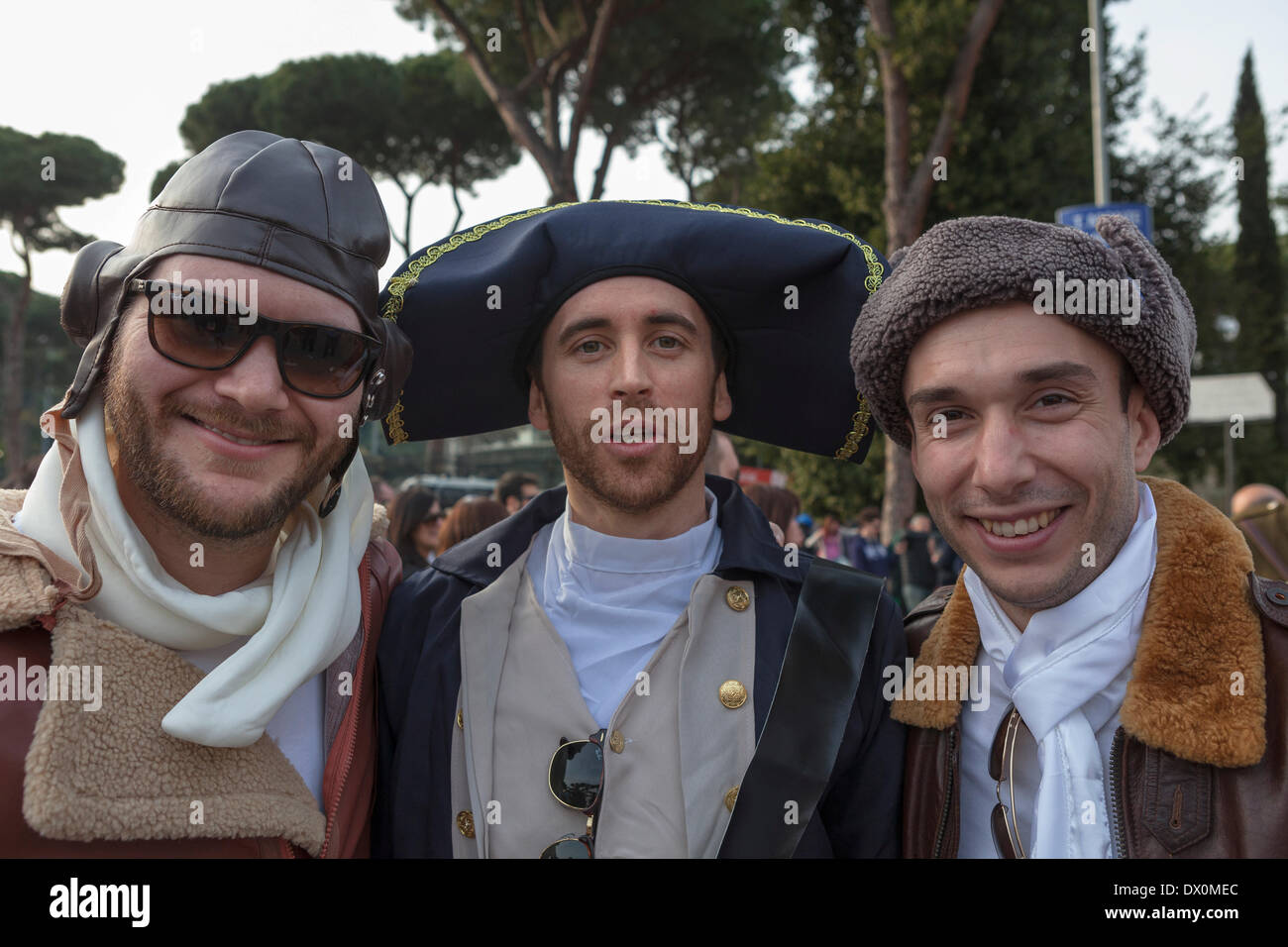 Italy v England. RBS 6 Nations rugby. , Rome, Italy, 3/15/14. England beat Italy by 52 points to 11 at the Stadio Olimpico. England fans from London dressed as Biggles and Nelson supporting England in Rome. Stock Photo