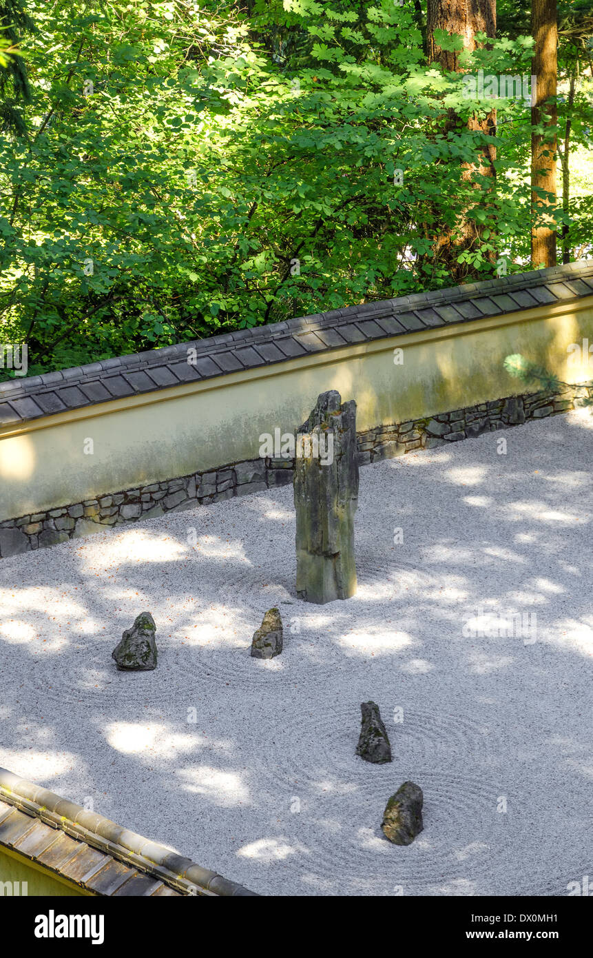 Vertical view of stone in a Japanese Rock Garden in Portland, Oregon Stock Photo