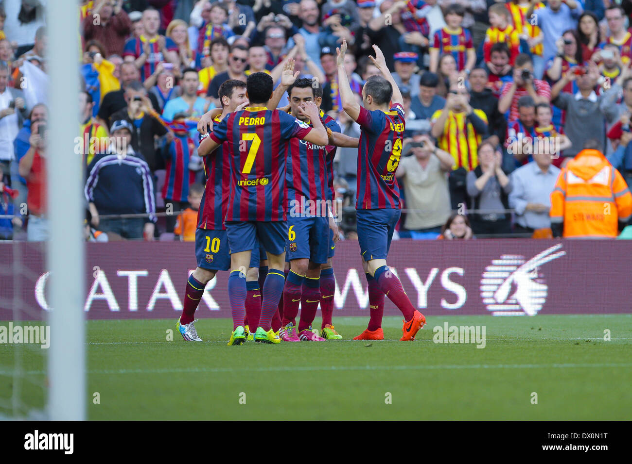 Barcelona, Spain. 16th Mar, 2014. FC Barcelona players celebrating the goal of Leo Messi at the match of the week 28 of the spanish Liga BBVA between FC Barcelona and Osasuna, at the Camp Nou stadium in Barcelona, Spain, on March 16, 2014. Photo: Aline Delfim/Urbanandsport/Nurphoto. Credit:  Urbanandsport/NurPhoto/ZUMAPRESS.com/Alamy Live News Stock Photo