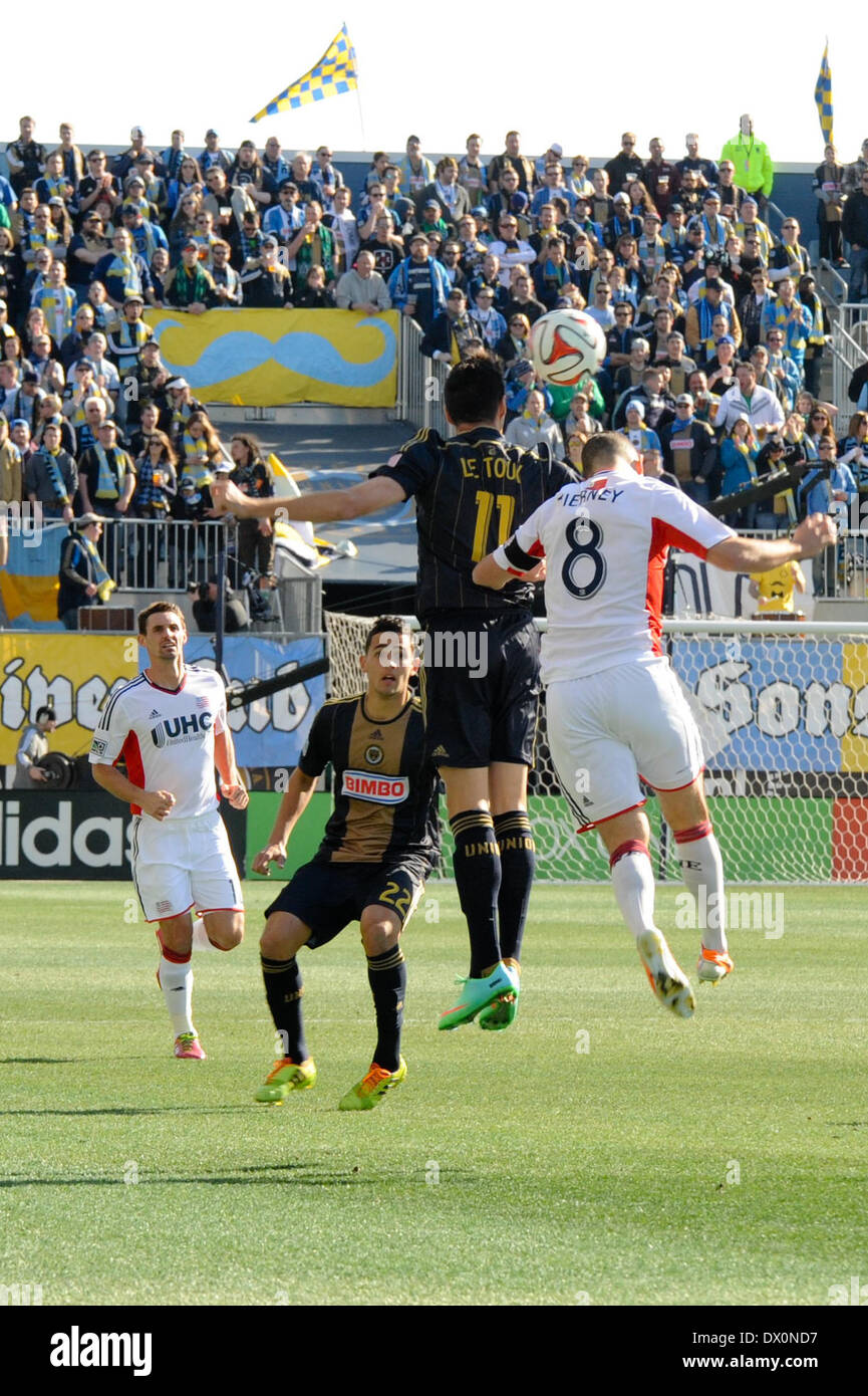 French soccer player / Frenchman football player / Philadelphia Union Forward / Striker Sebastian Le Toux jumps / leaps up for a header during a soccer / football match with the New England Revolution at Talen Energy Stadium in Chester PA United States of America during a sunny fall / autumn day outside of Philadelphia Stock Photo