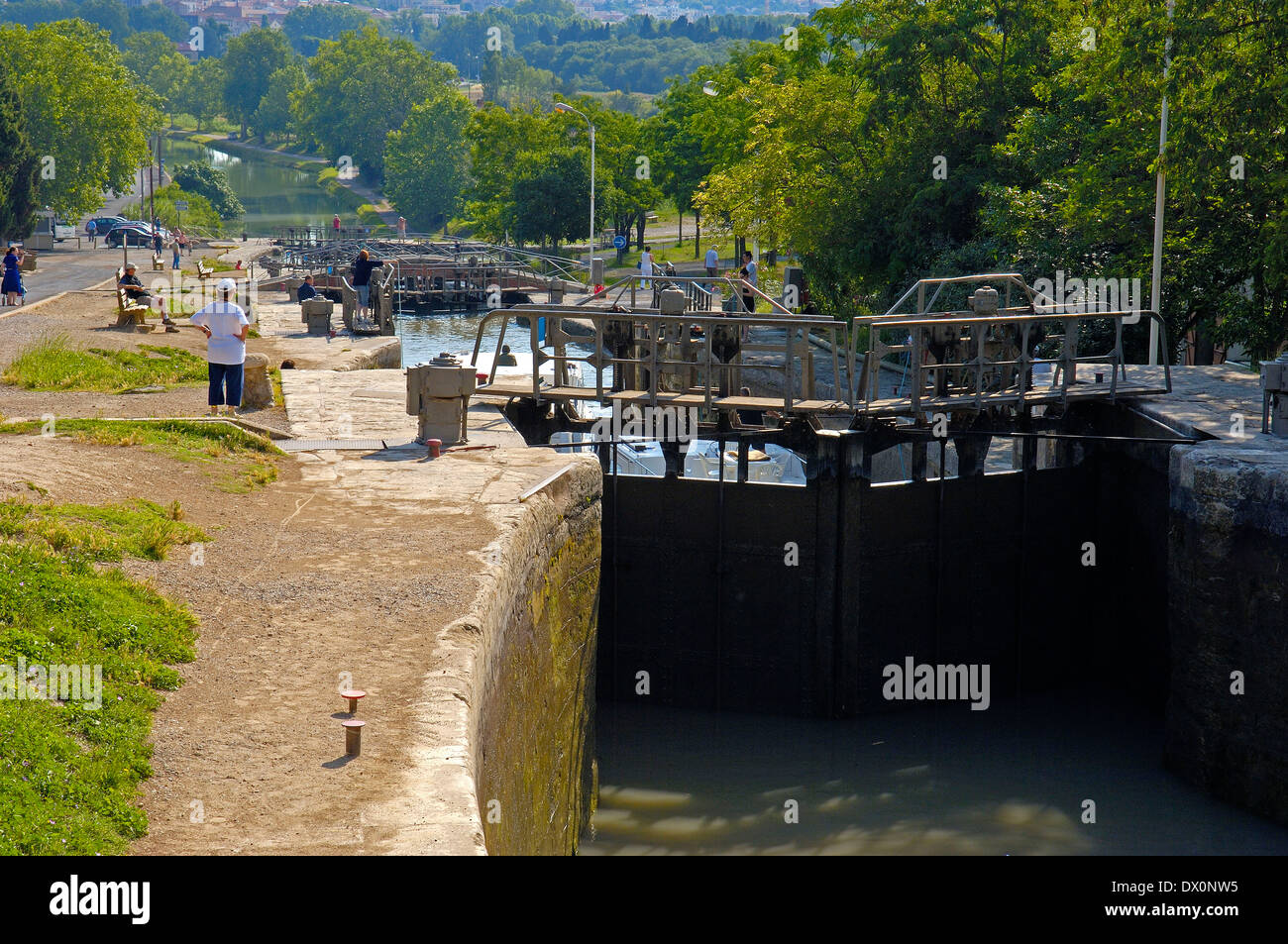 Canal du Midi, Neuf ecluses Stock Photo
