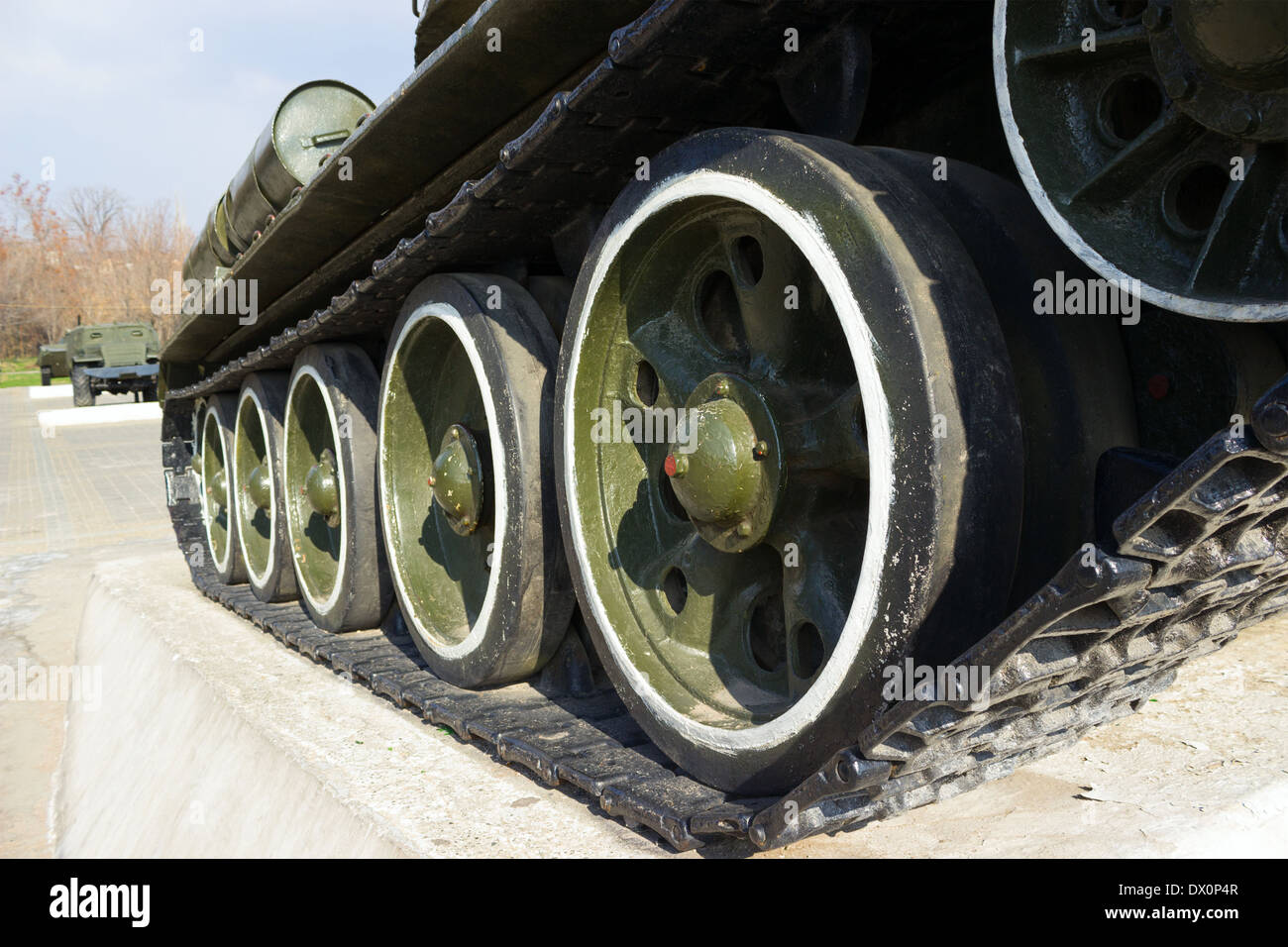 Soviet old T-34 tank track and wheels closeup Stock Photo
